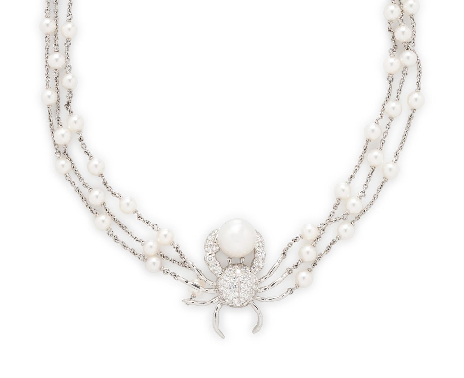 TIFFANY & CO., PLATINUM, DIAMOND, AND CULTURED PEARL CRAB NECKLACE