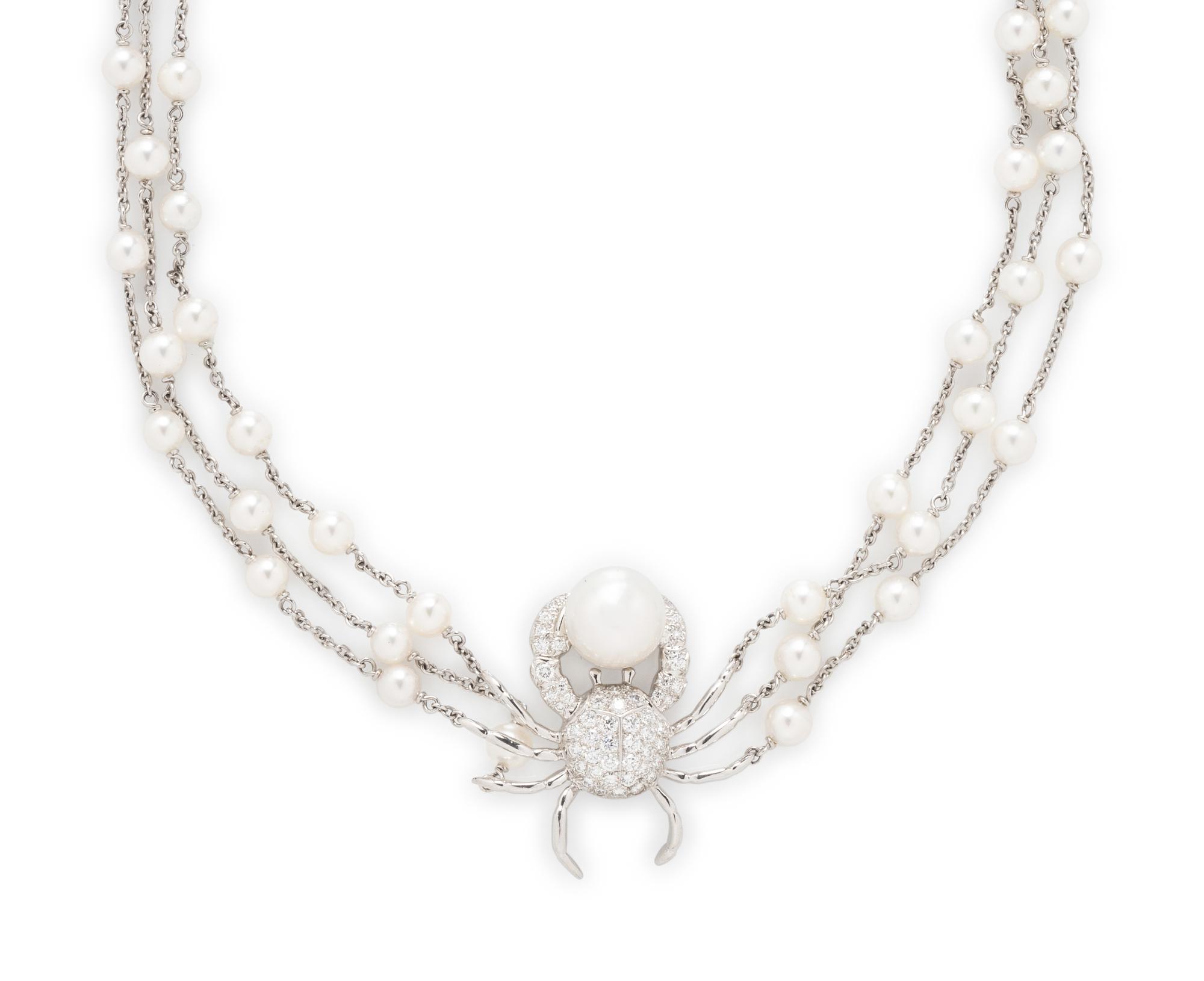 TIFFANY & CO., PLATINUM, DIAMOND, AND CULTURED PEARL CRAB NECKLACE