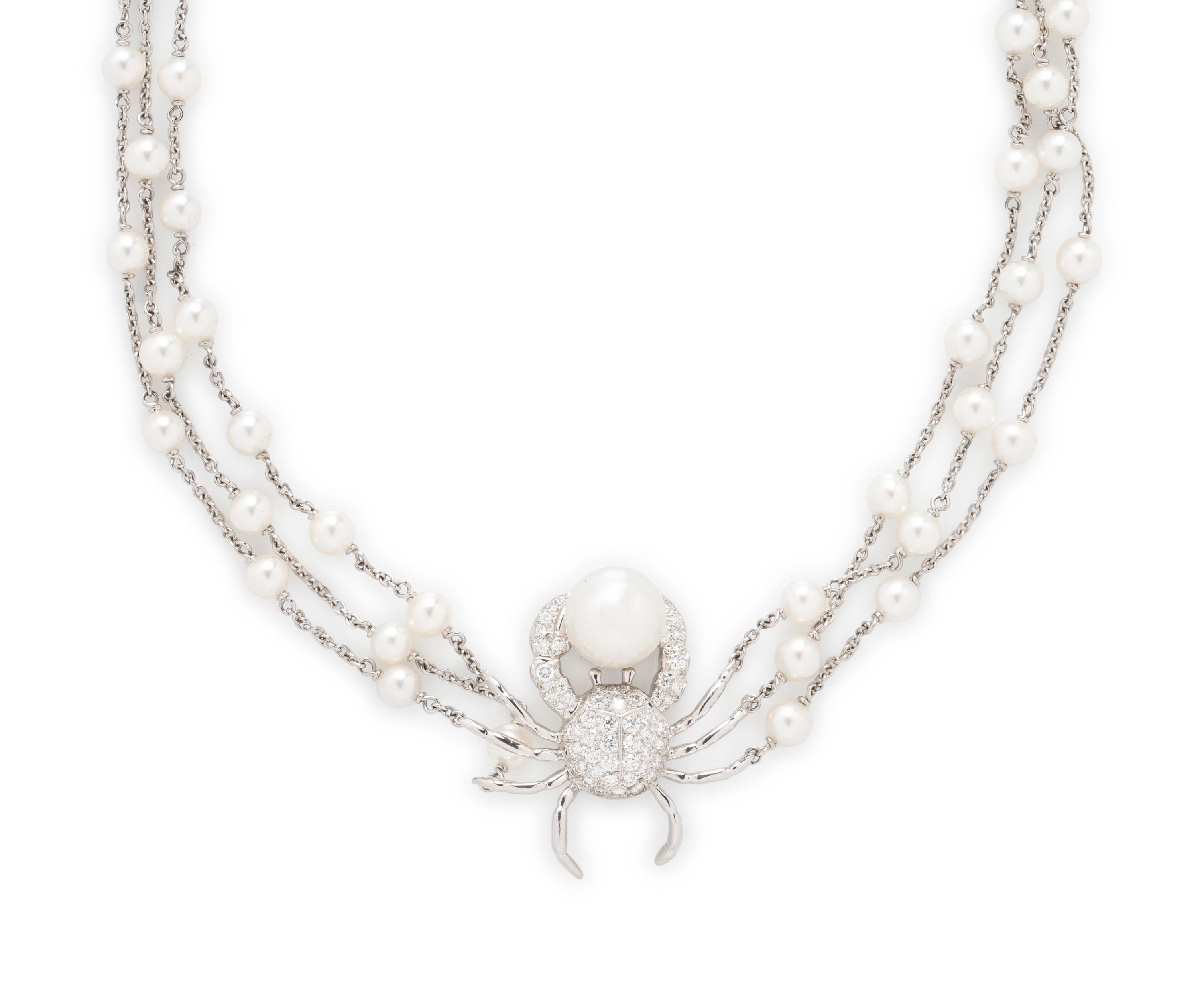 TIFFANY & CO., PLATINUM, DIAMOND, AND CULTURED PEARL CRAB NECKLACE