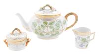 A Royal Copenhagen Flora Danica Teapot, Covered Sugar and Creamer Width of teapot over handle 11 1/2 inches.