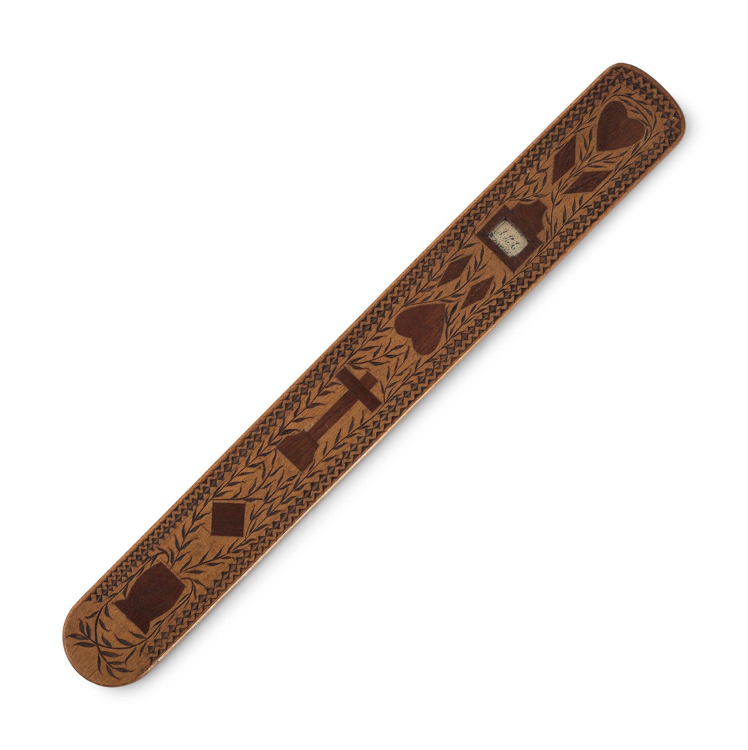 An Inlaid Wood Corset Busk with Initials