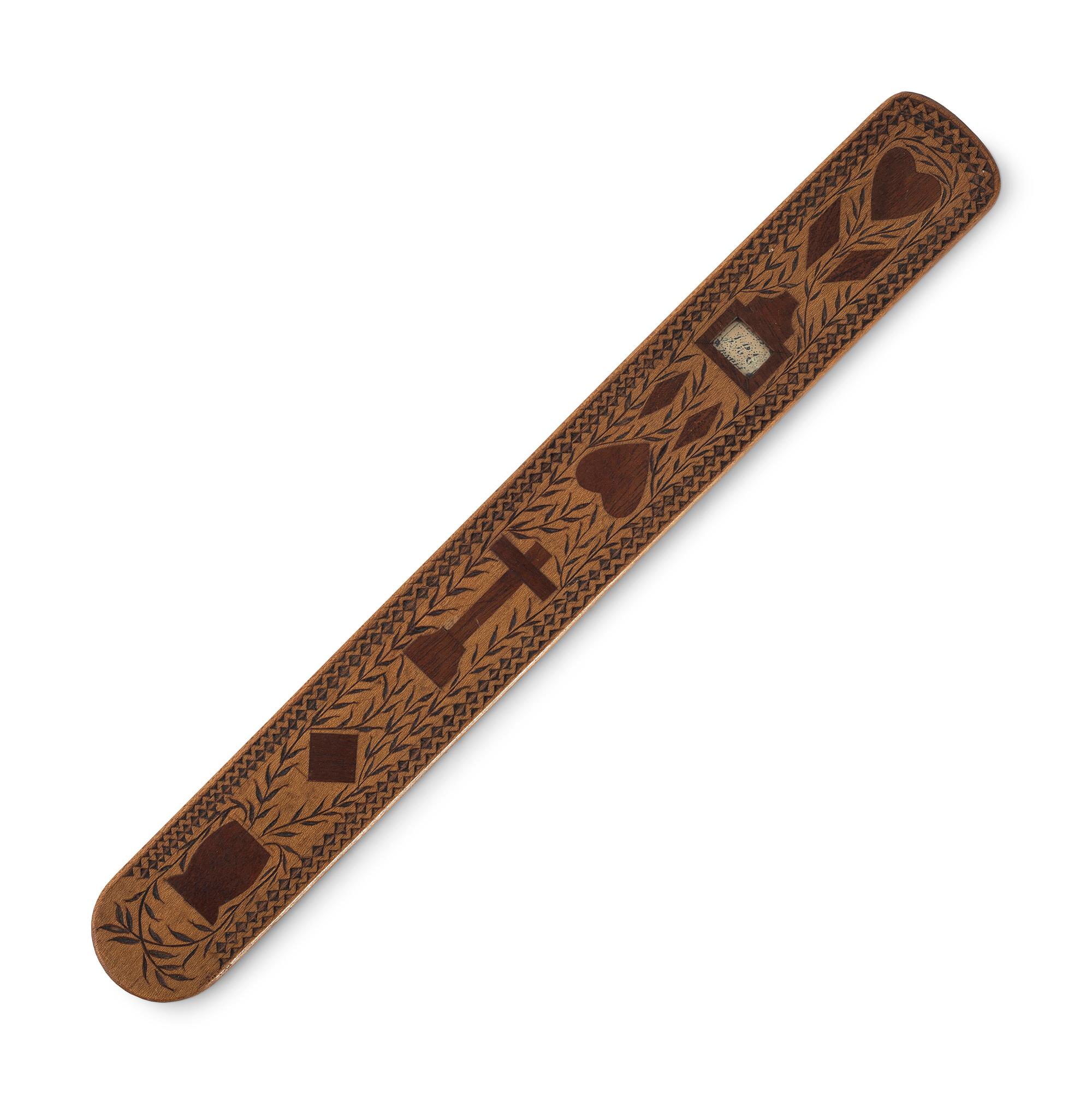 An Inlaid Wood Corset Busk with Initials