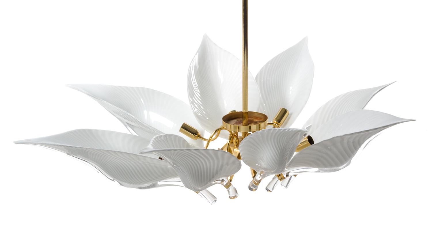 A Contemporary White Glass and Brass Eight-Light Chandelier Height of chandelier 30 inches.