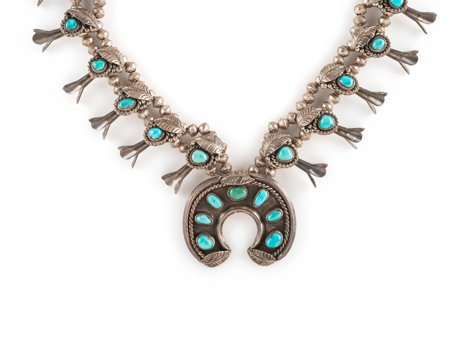Navajo Silver and Turquoise Squash Blossom Necklace