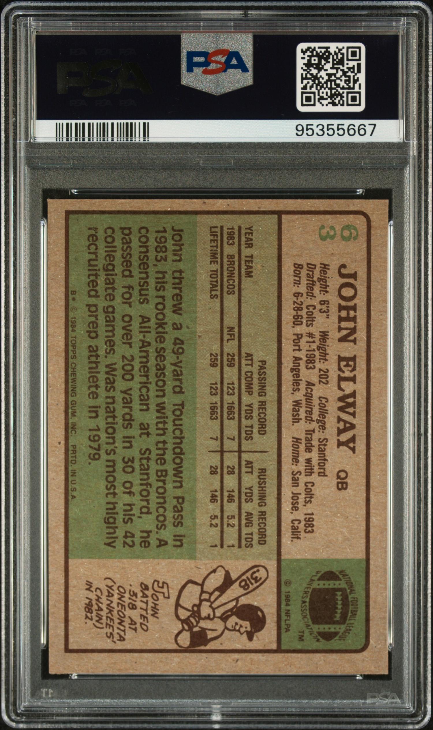 A 1984 Topps John Elway Rookie Football Card No. 53 (PSA 9 MINT)
