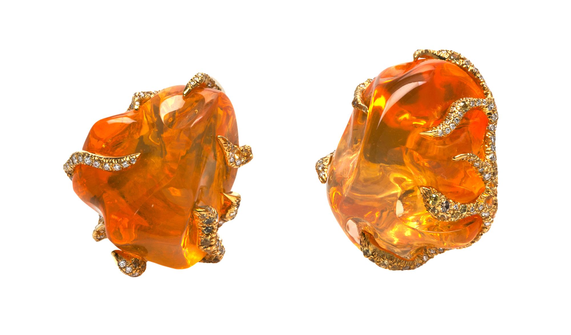 A Pair of 18 Karat Yellow Gold, Fire Opal, Yellow Sapphire and Diamond Earclips, 32.10 dwts.