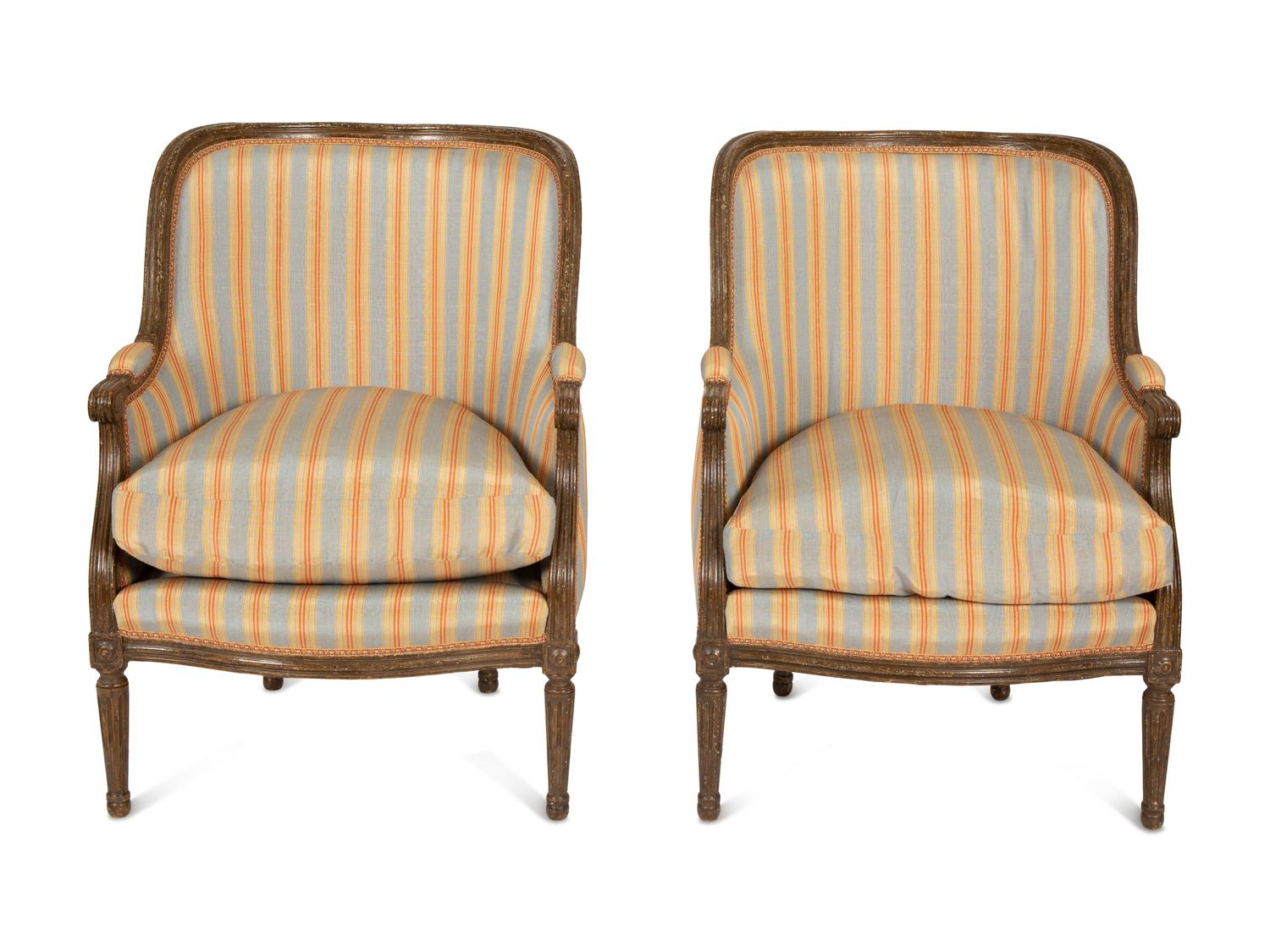 A Pair of Louis XVI Style Faux Finish Bergeres