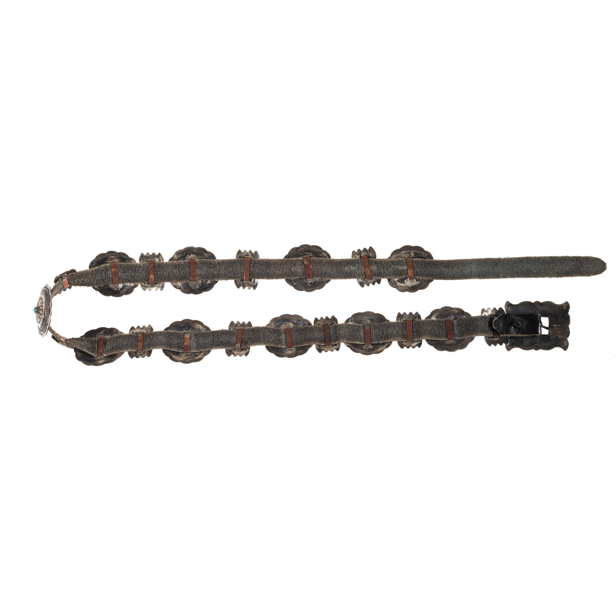 Navajo Stamped Silver and Turquoise Concha Belt