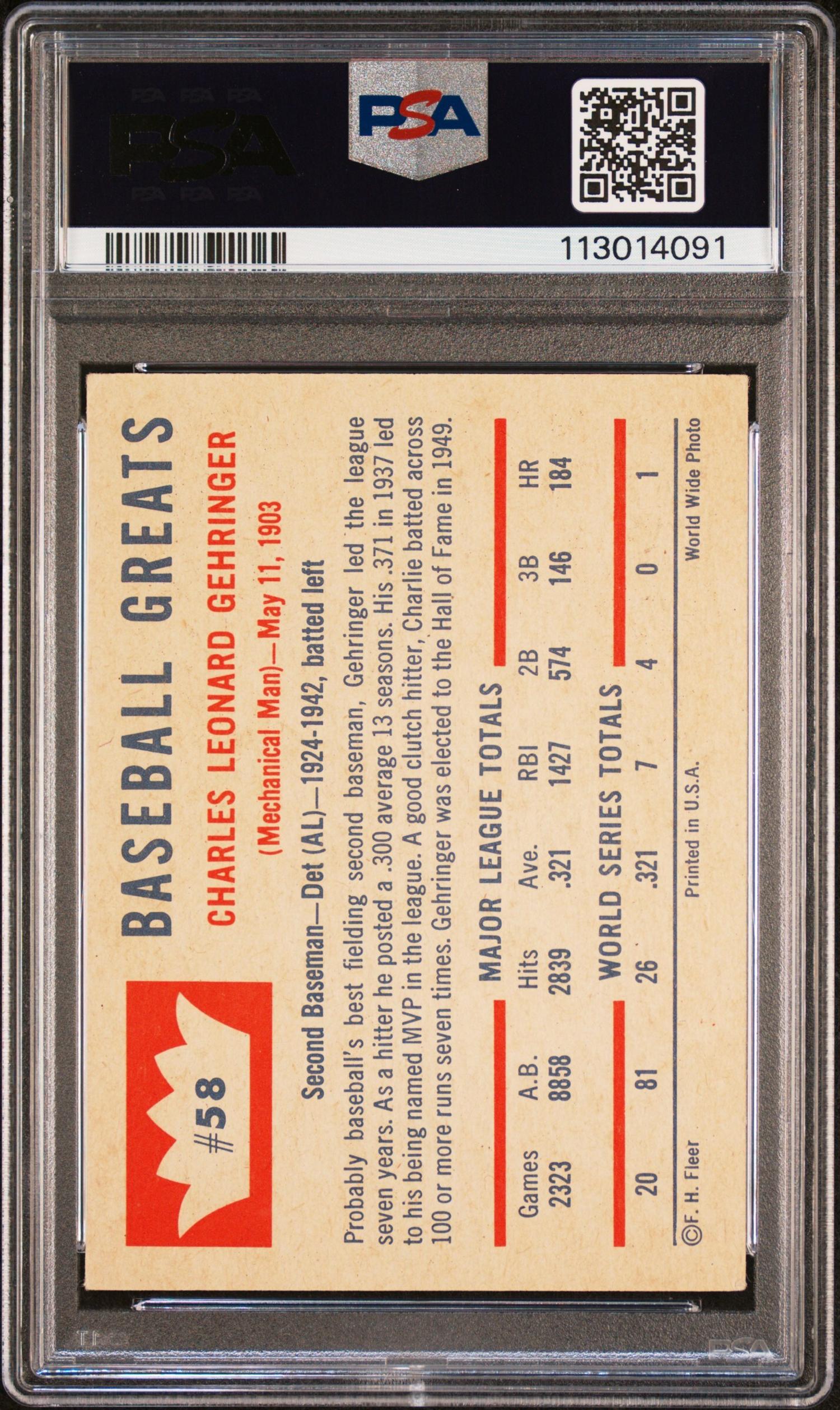 A 1960 Fleer Baseball Greats Charlie Gehringer Signed Autograph Card