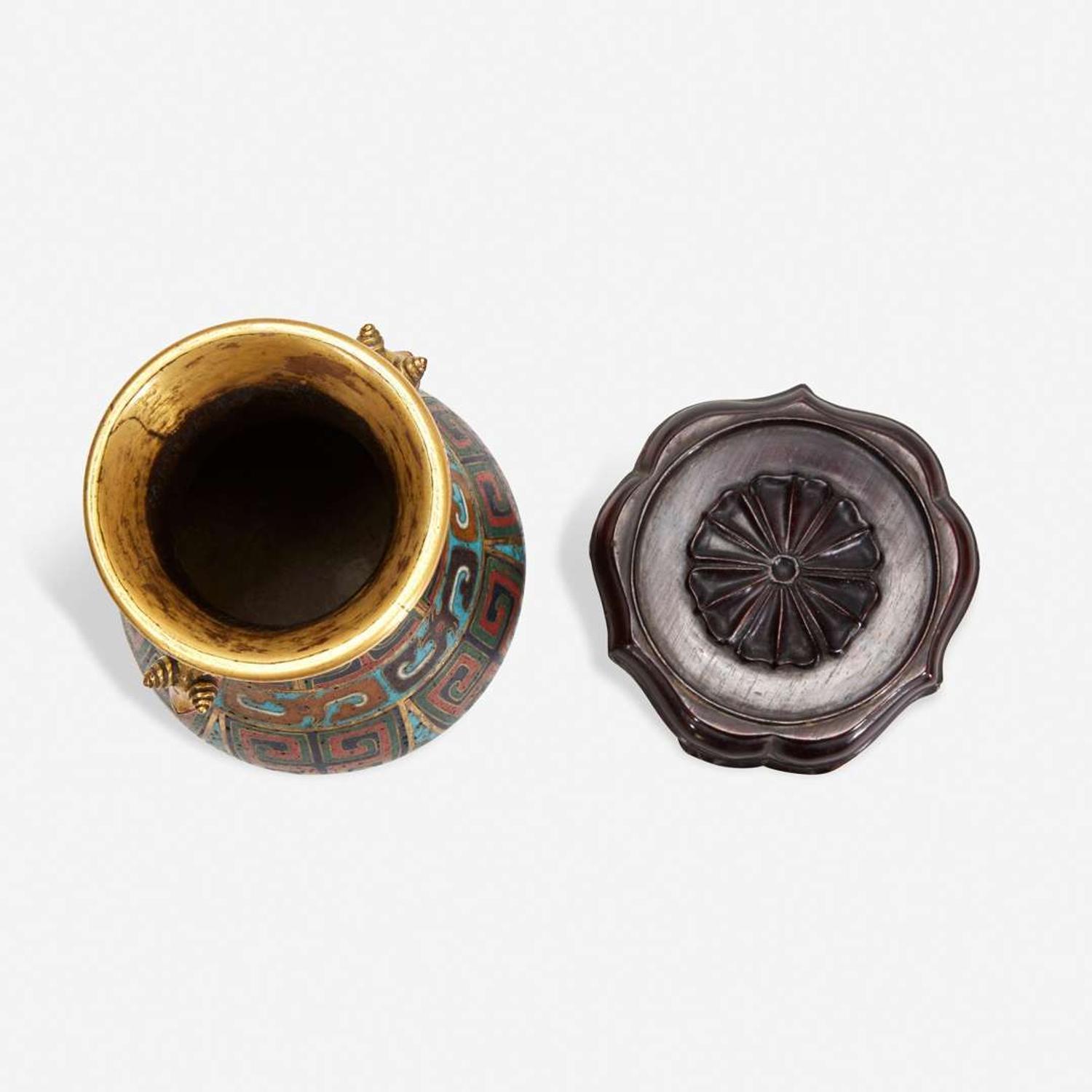 A Chinese cloisonné archaistic small vase with carved wood stand 掐丝珐琅小樽带底座