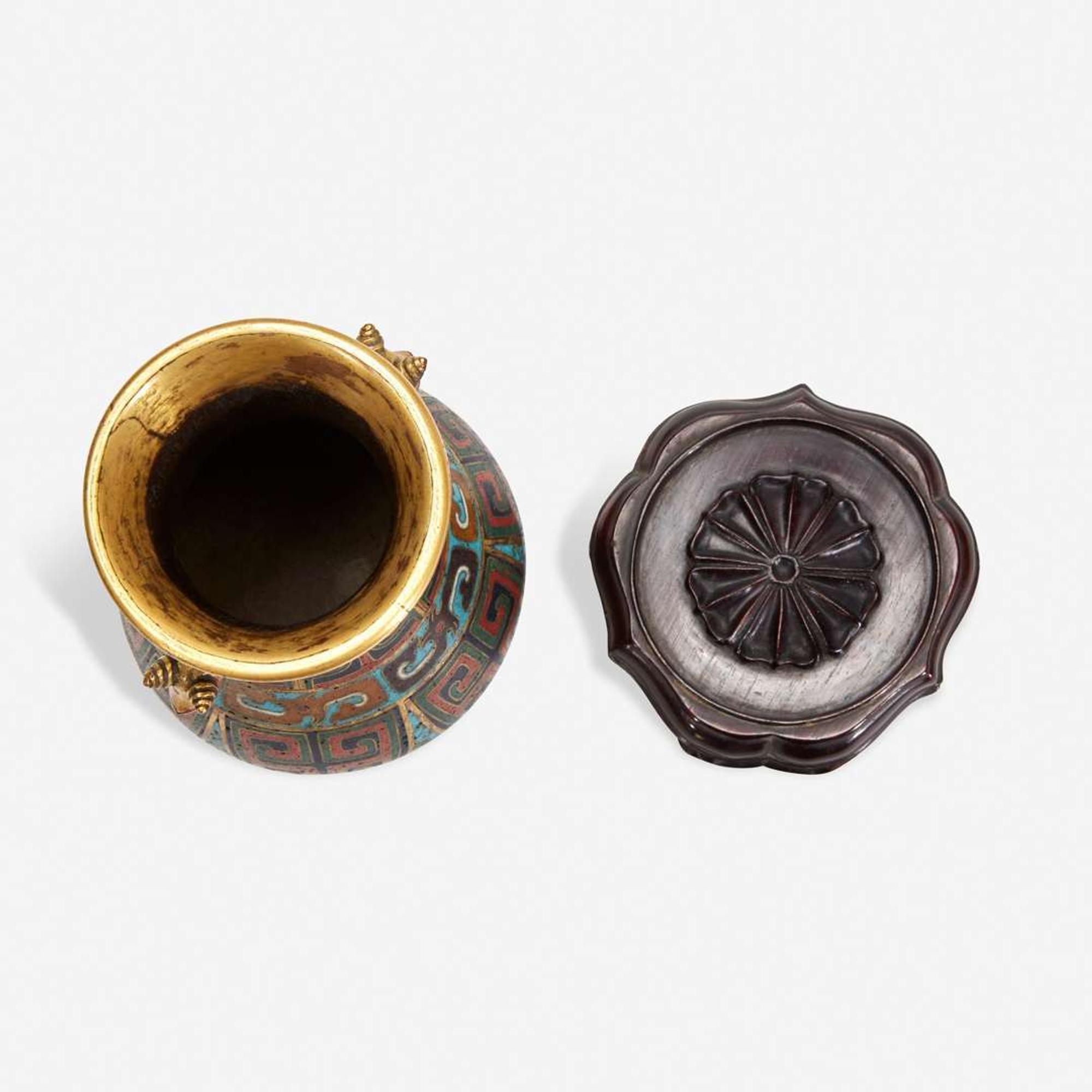 A Chinese cloisonné archaistic small vase with carved wood stand 掐丝珐琅小樽带底座