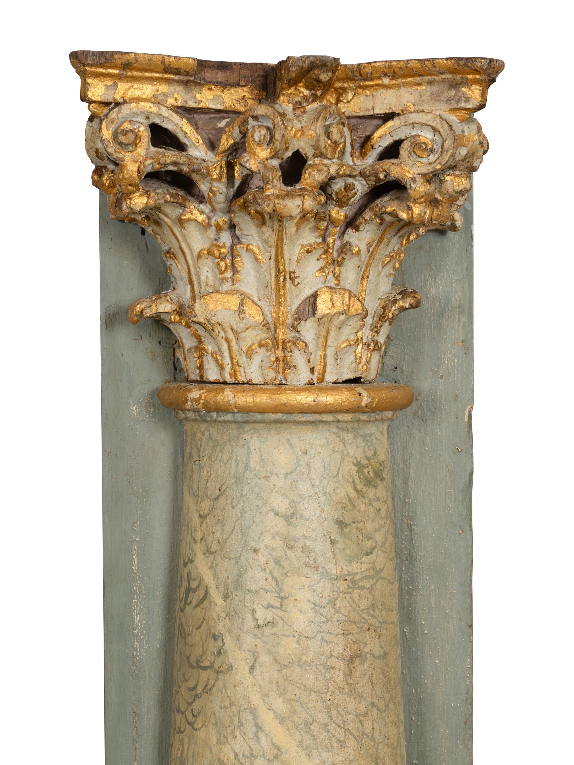 A Pair of Monumental Italian Polychrome Painted and Parcel Gilt Corinthian Column Pilasters