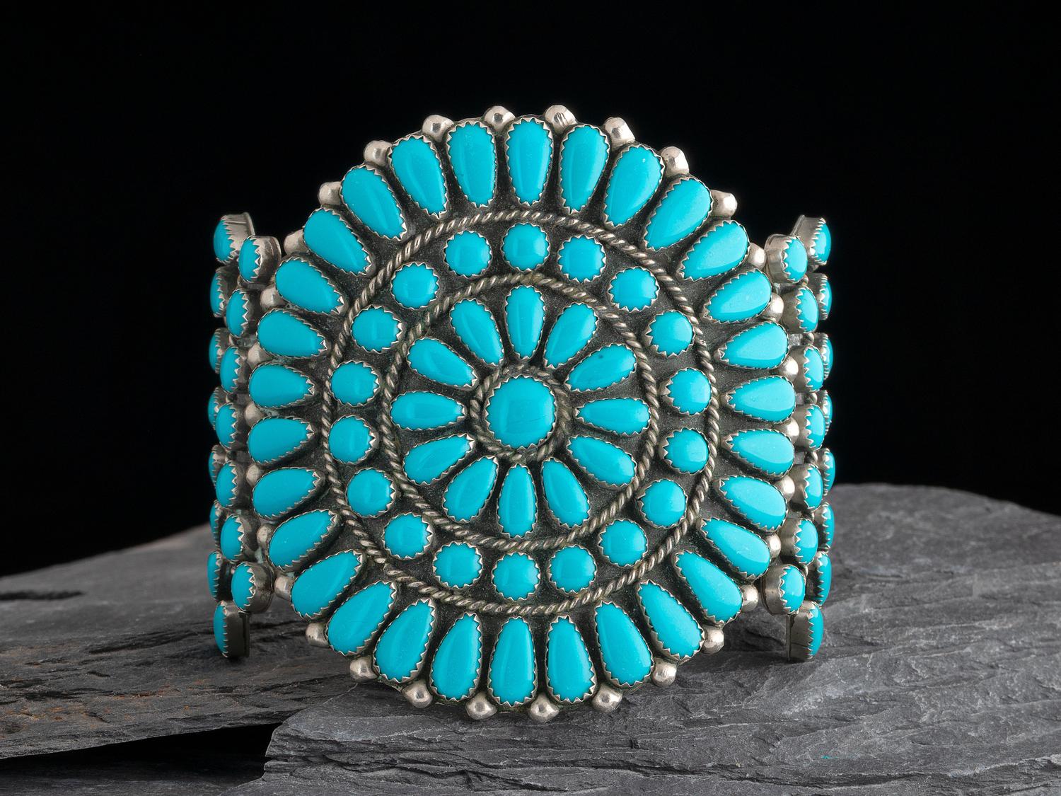 Navajo Silver and Turquoise Cluster Cuff Bracelet
