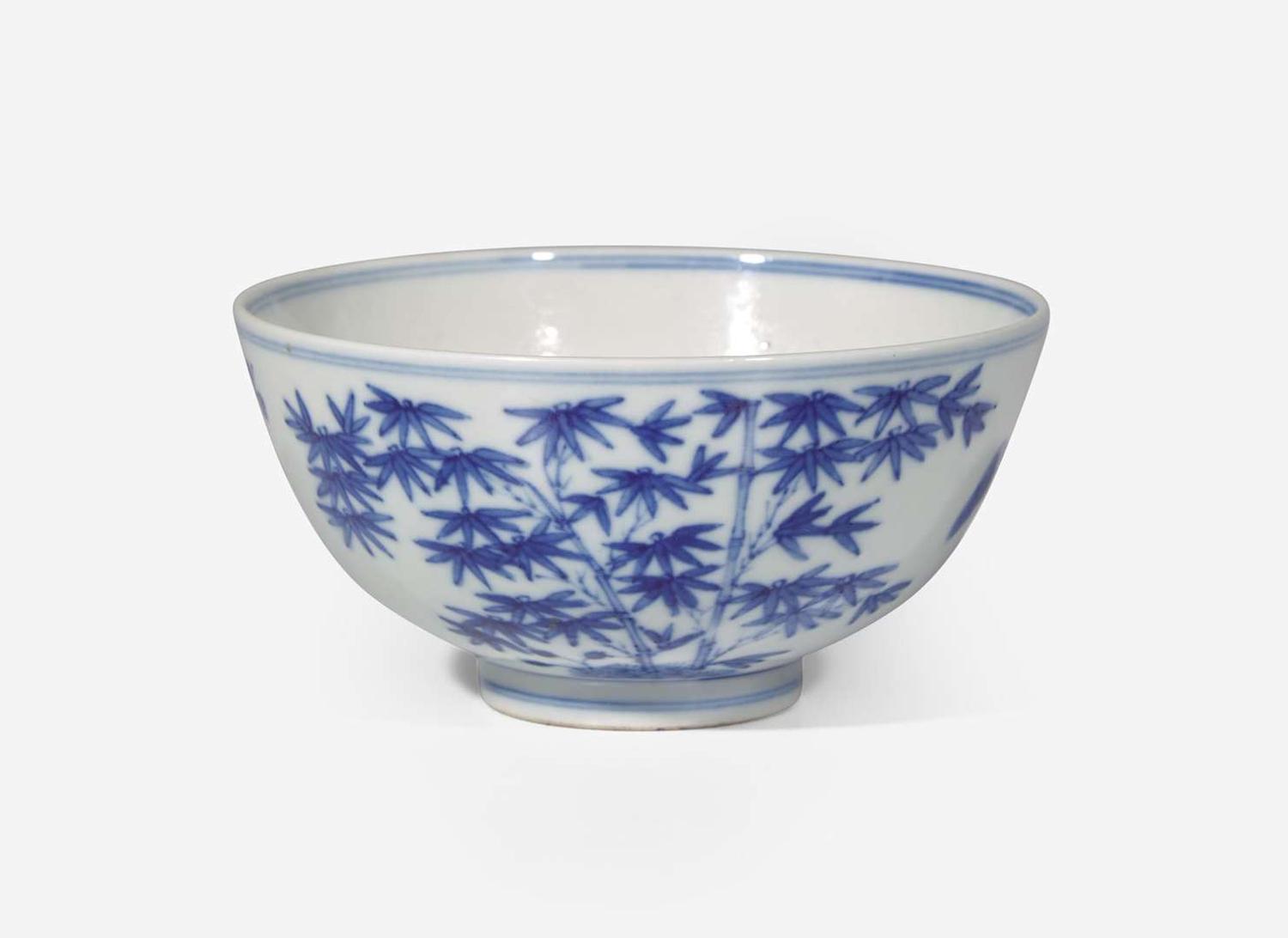 A Chinese blue and white porcelain, "Three Friends" bowl, Guangxu Mark and probably of the period 歲寒三友青花盌 光緒款 或清光緒