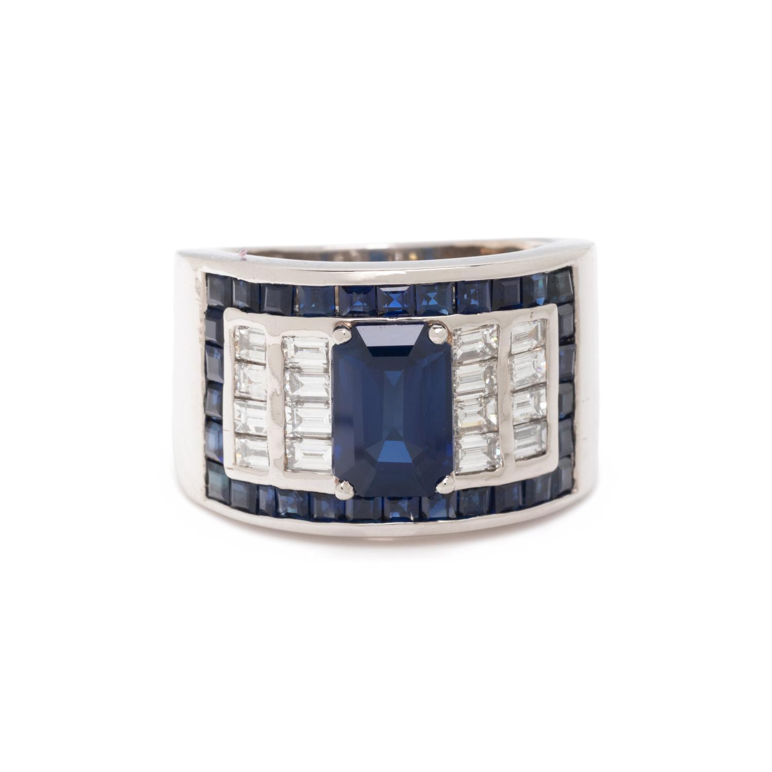 PLATINUM, SAPPHIRE, AND DIAMOND RING