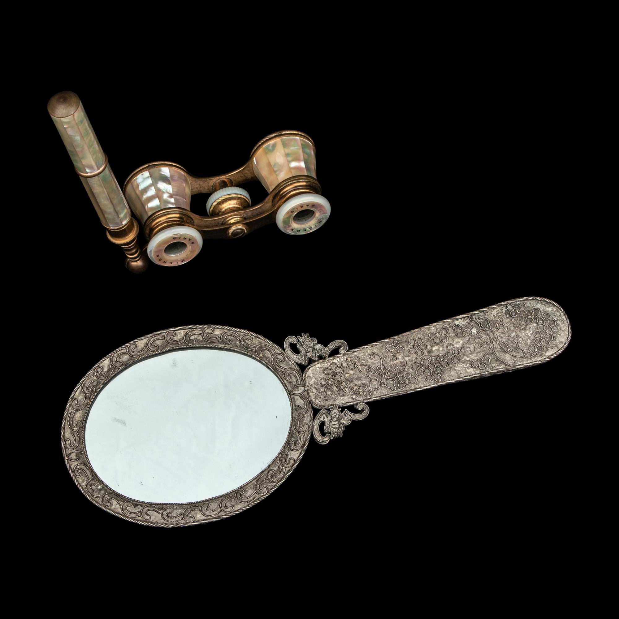 A Chinese White and Russet Jade Inset Hand Mirror and French Mother-of-Pearl Opera Glasses 銅嵌貝母歌劇望遠鏡及銀鑲玉手把鏡