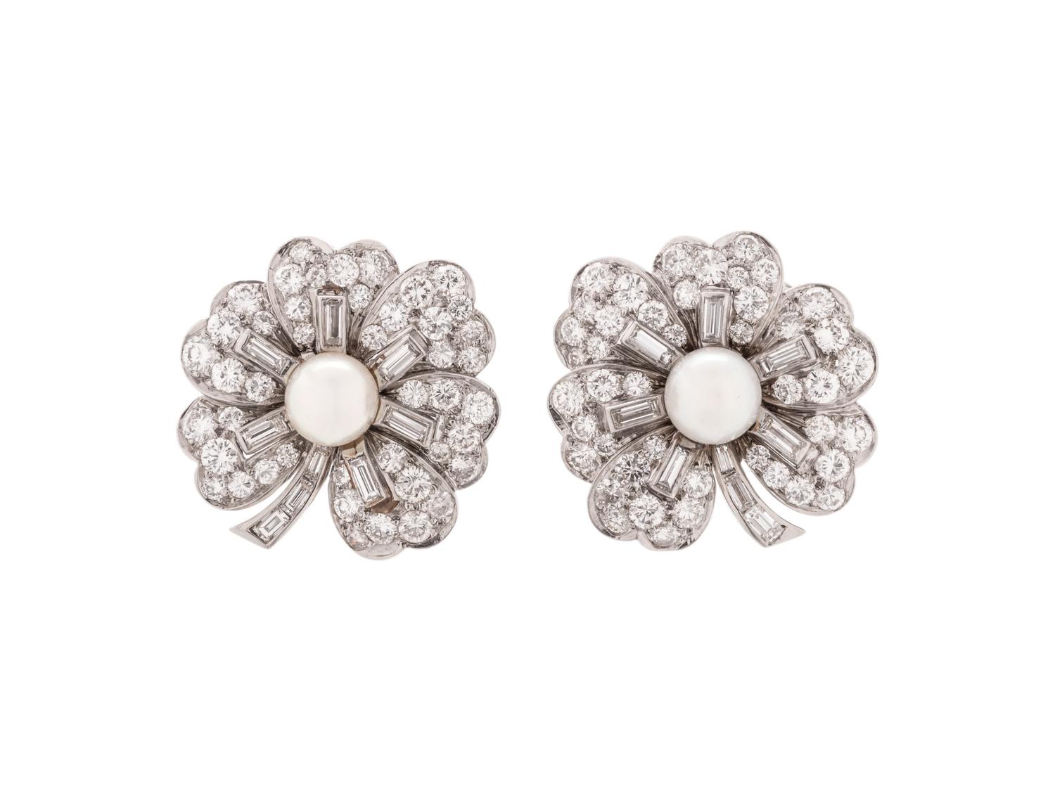 CULTURED PEARL AND DIAMOND FLOWER EARCLIPS