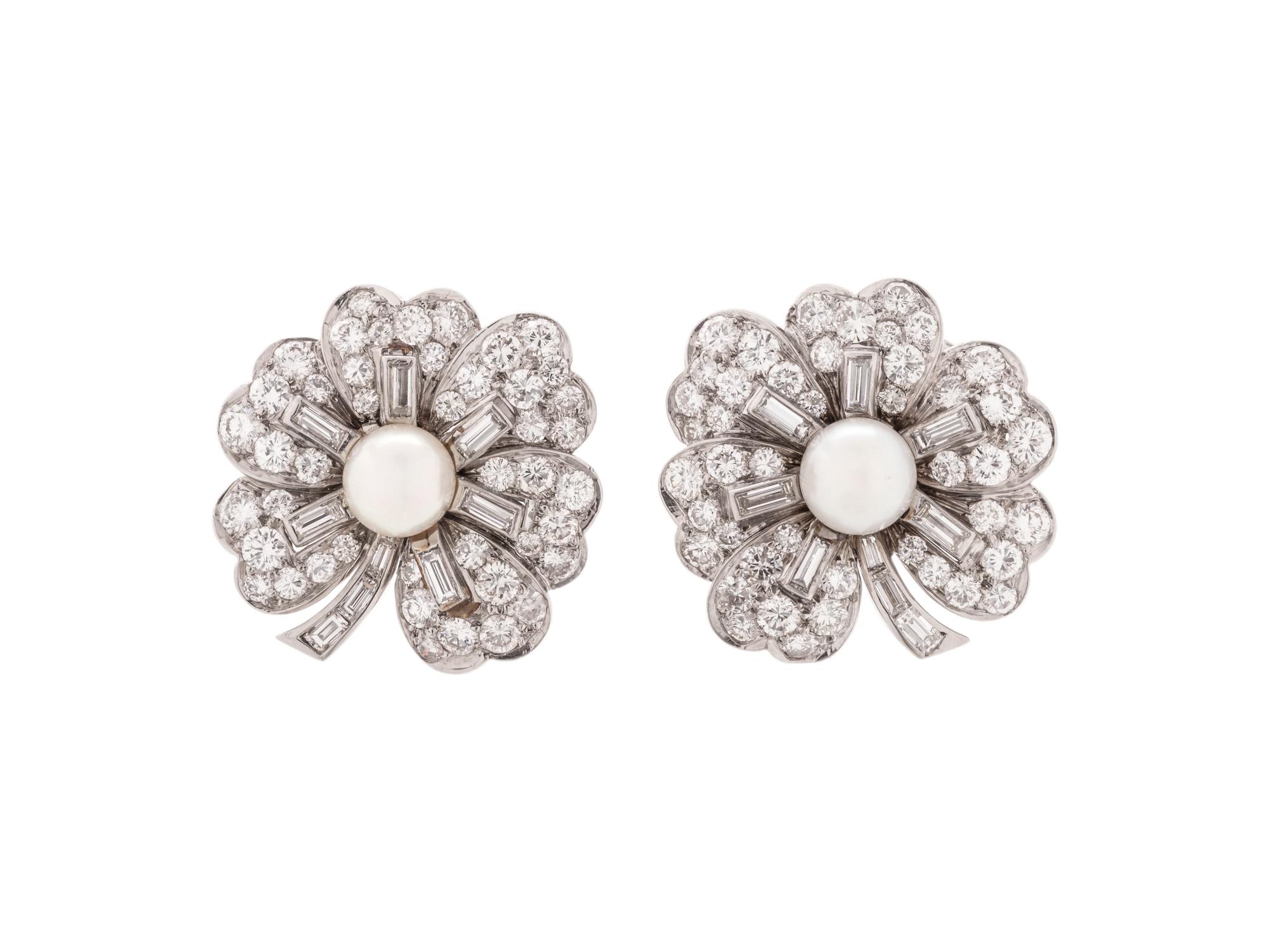 CULTURED PEARL AND DIAMOND FLOWER EARCLIPS