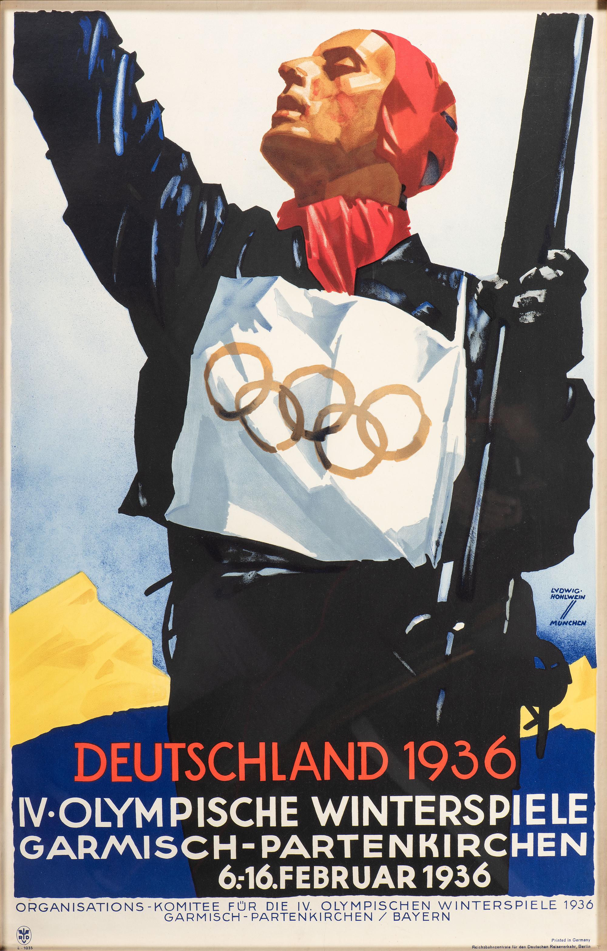 [TRAVEL - WINTER OLYMPICS]. HOHLWEIN, Ludwig, artist. Deutschland 1936, IV Olympische Winterspiele, Garmisch-partenkirchen, 6-16. Februar 1936 . Berlin: Reichsbahnzentrale für den Deutschen Reiseverken, 1936.