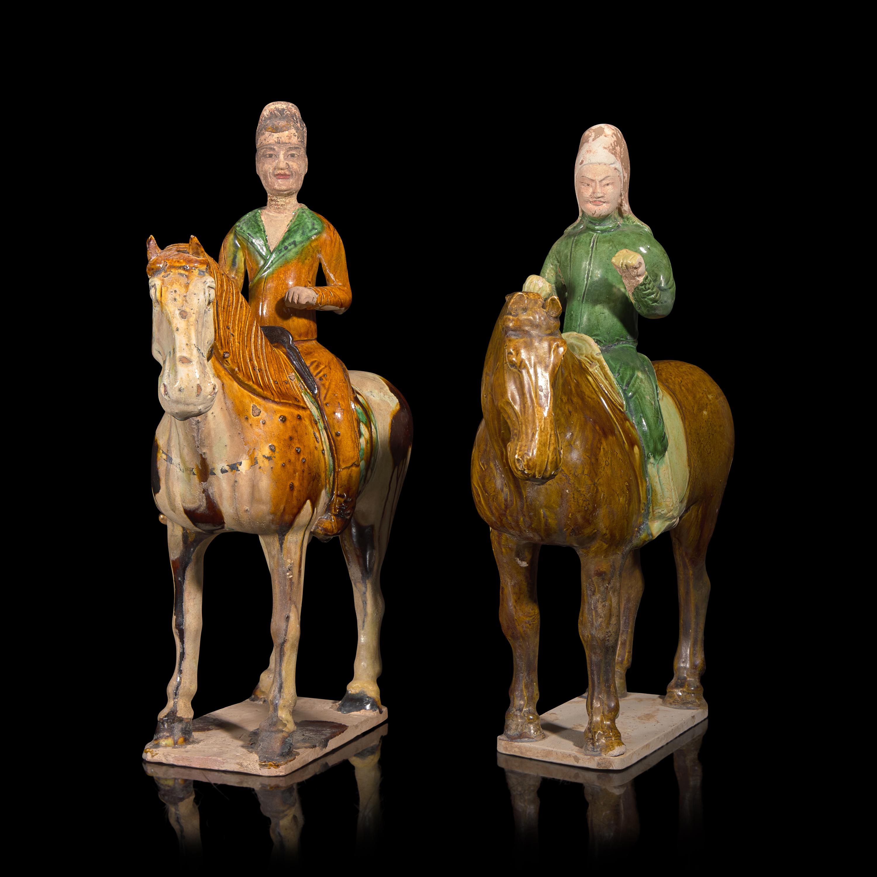Two Chinese Sancai Glazed Pottery Equestrian Figures, Tang Dynasty — 唐 三彩騎馬俑兩尊
