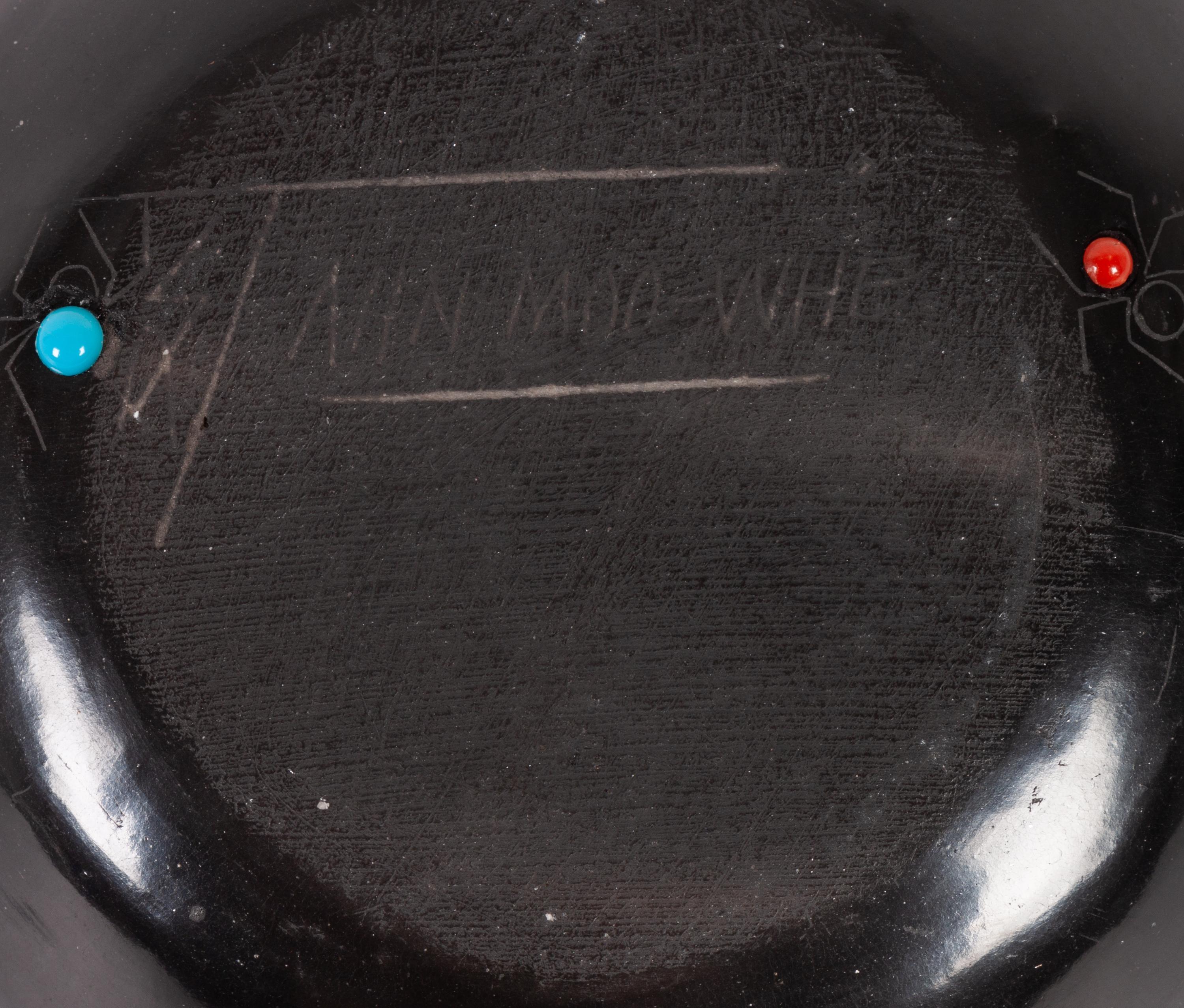 Black and Sienna Seed Jar, with Sgraffito Spiders and Turquoise Beads