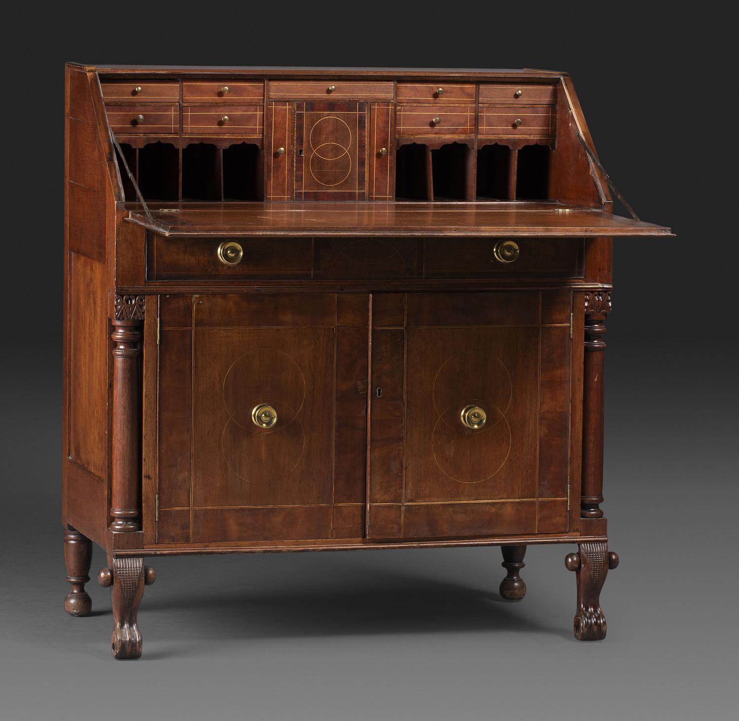 A Late Federal String Inlaid Walnut Slant-Front Secretary Desk