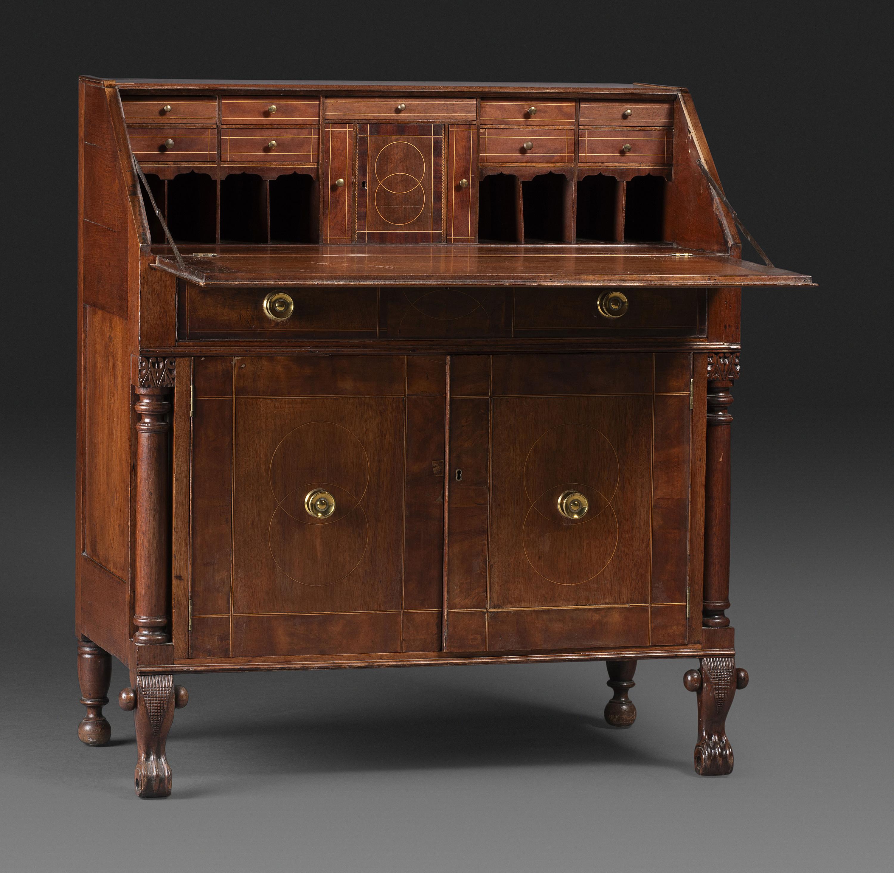 A Late Federal String Inlaid Walnut Slant-Front Secretary Desk