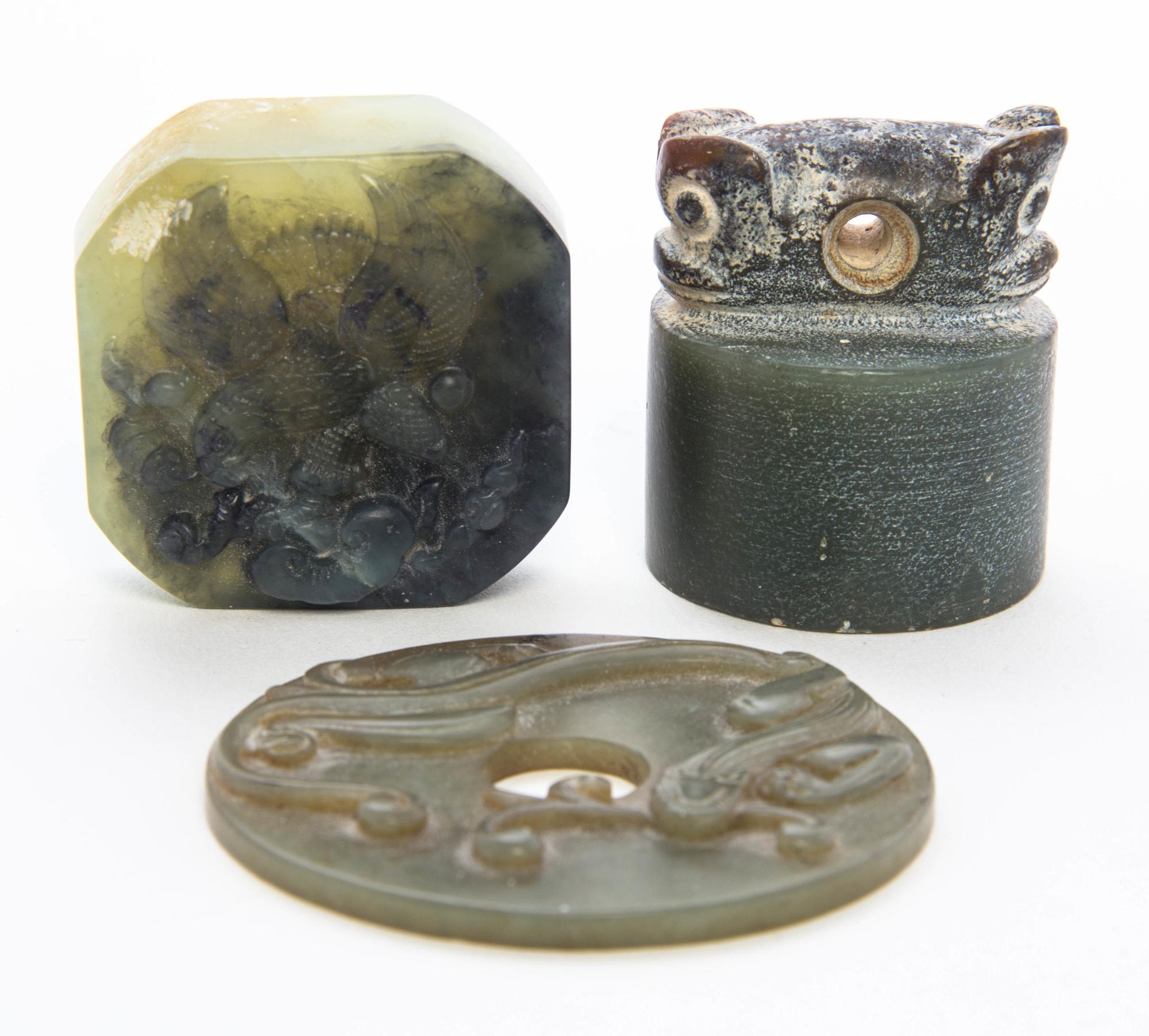 A Group of Three Carved Hardstone Articles Diameter of bi 2 3/4 inches.