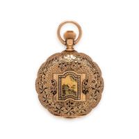 ELGIN, 14K YELLOW GOLD AND ENAMEL HUNTER CASE POCKET WATCH