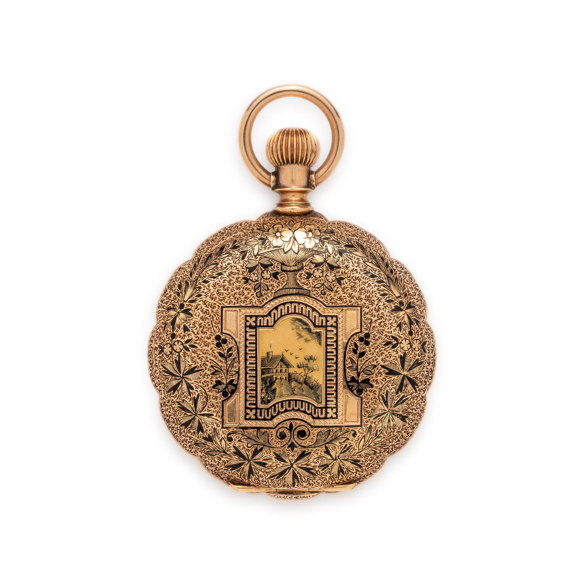 ELGIN, 14K YELLOW GOLD AND ENAMEL HUNTER CASE POCKET WATCH