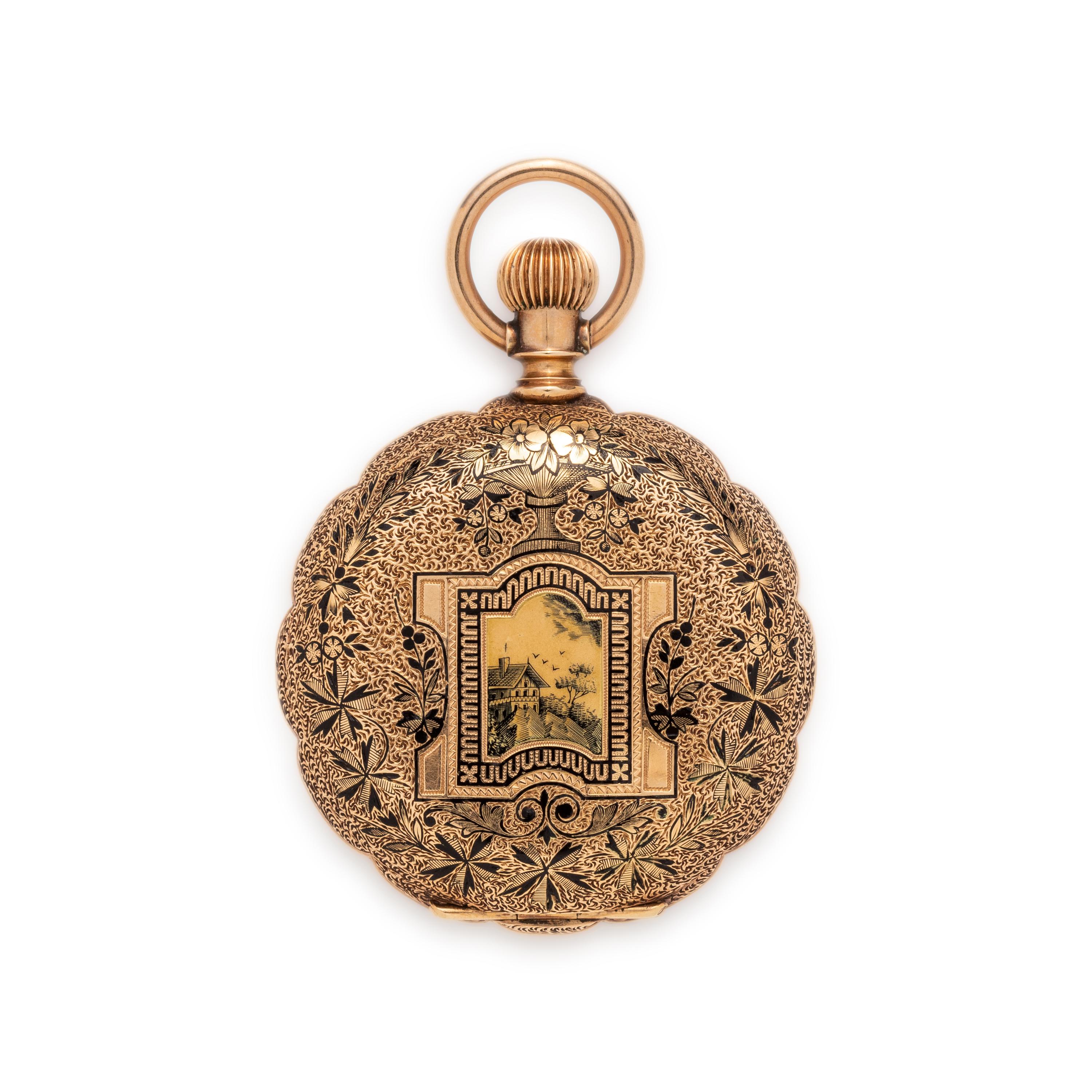 ELGIN, 14K YELLOW GOLD AND ENAMEL HUNTER CASE POCKET WATCH