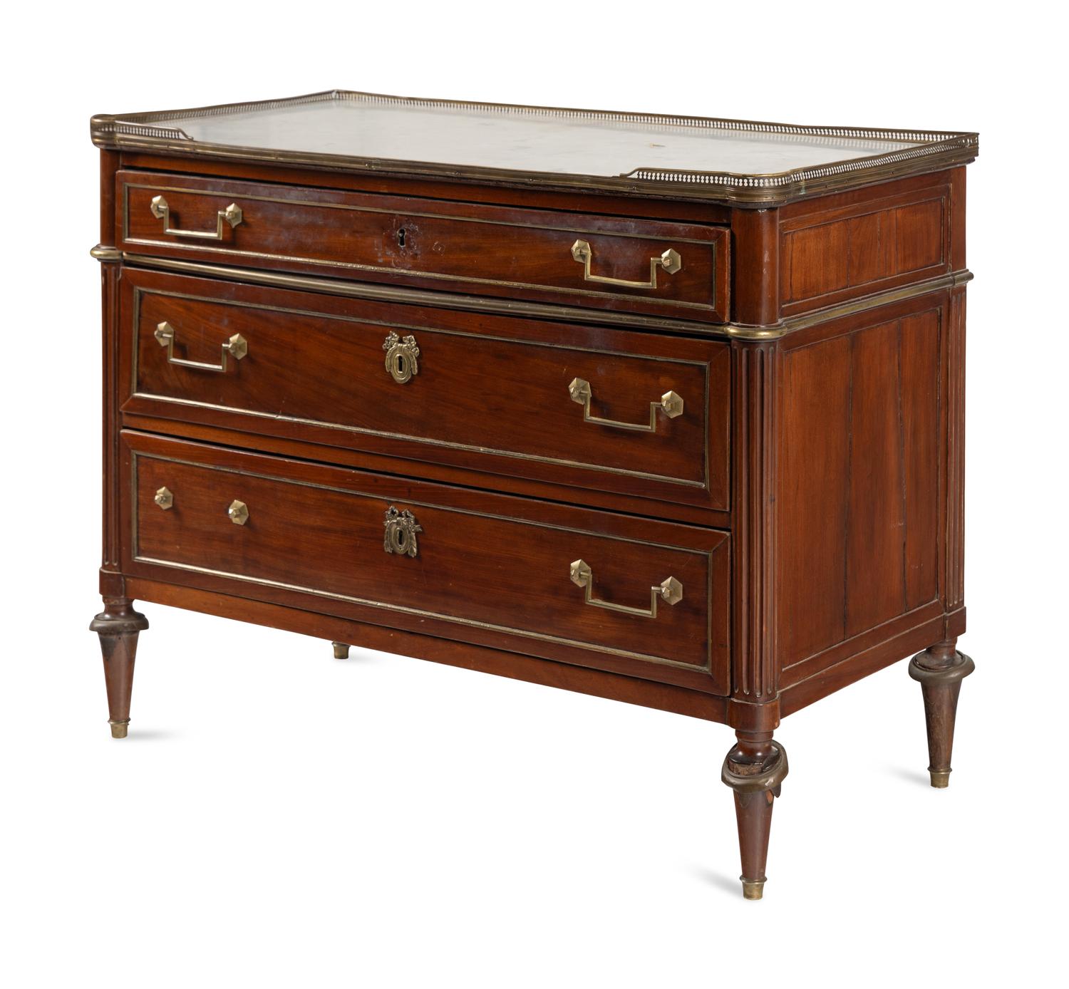 A Directoire Gilt Bronze Mounted Mahogany and Marble-Top Commode