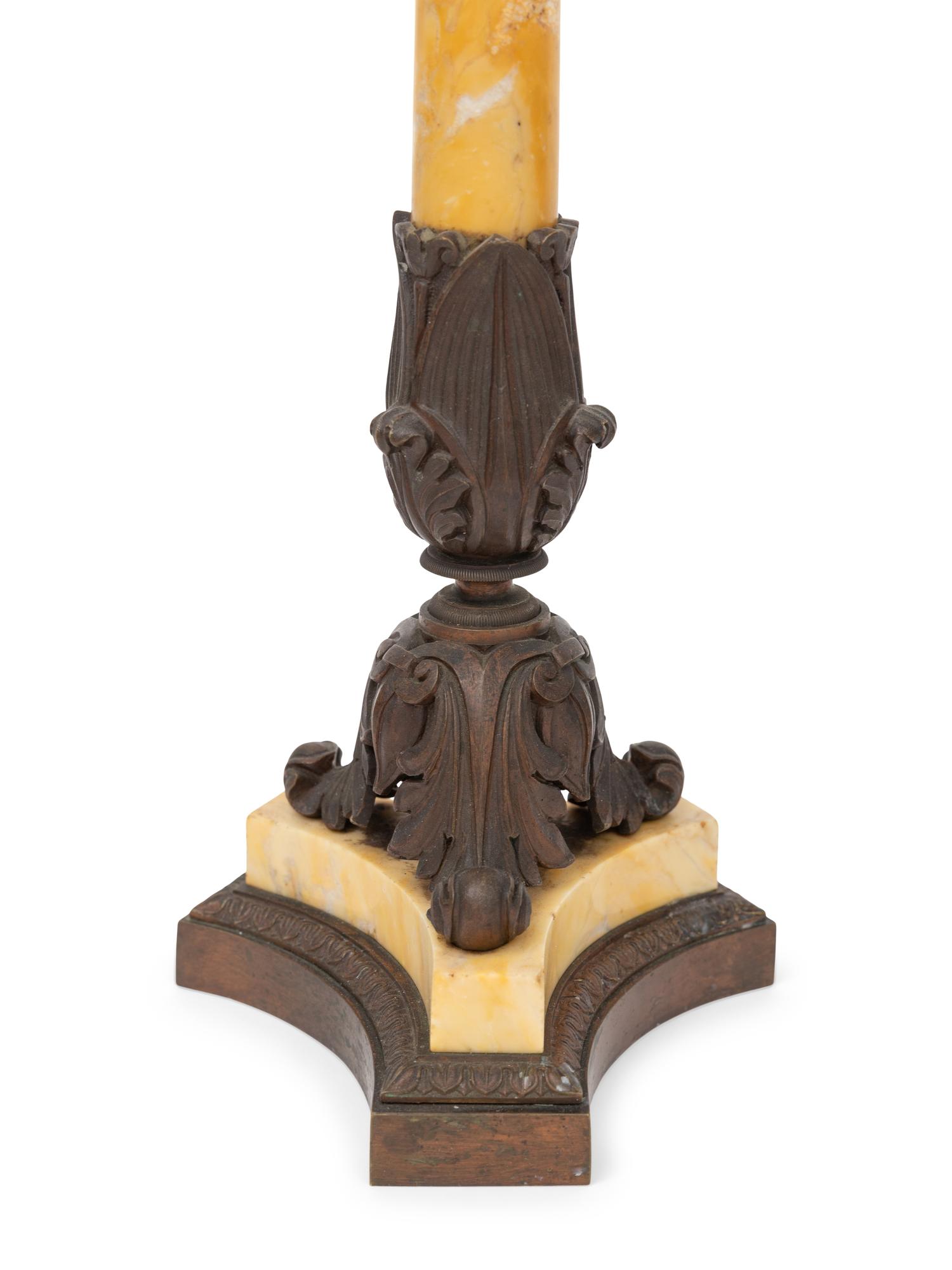 A Pair of French Bronze and Marble Four-Light Candelabra