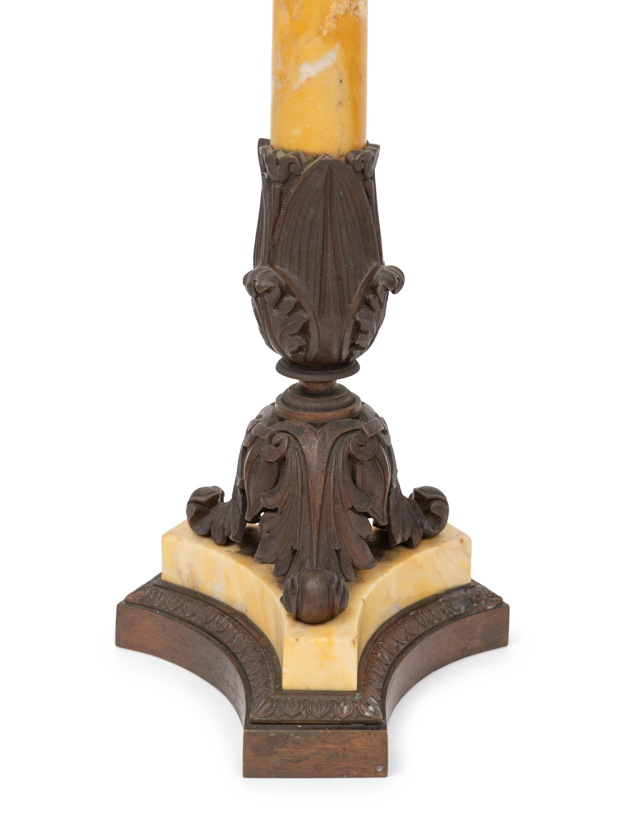 A Pair of French Bronze and Marble Four-Light Candelabra