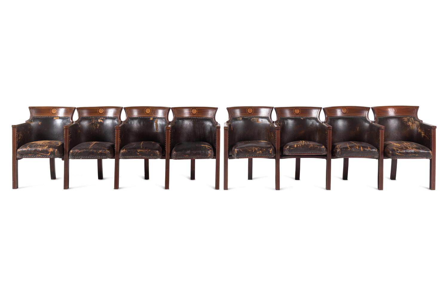 Two Sets of Four Inlaid Mahogany Theater Seats