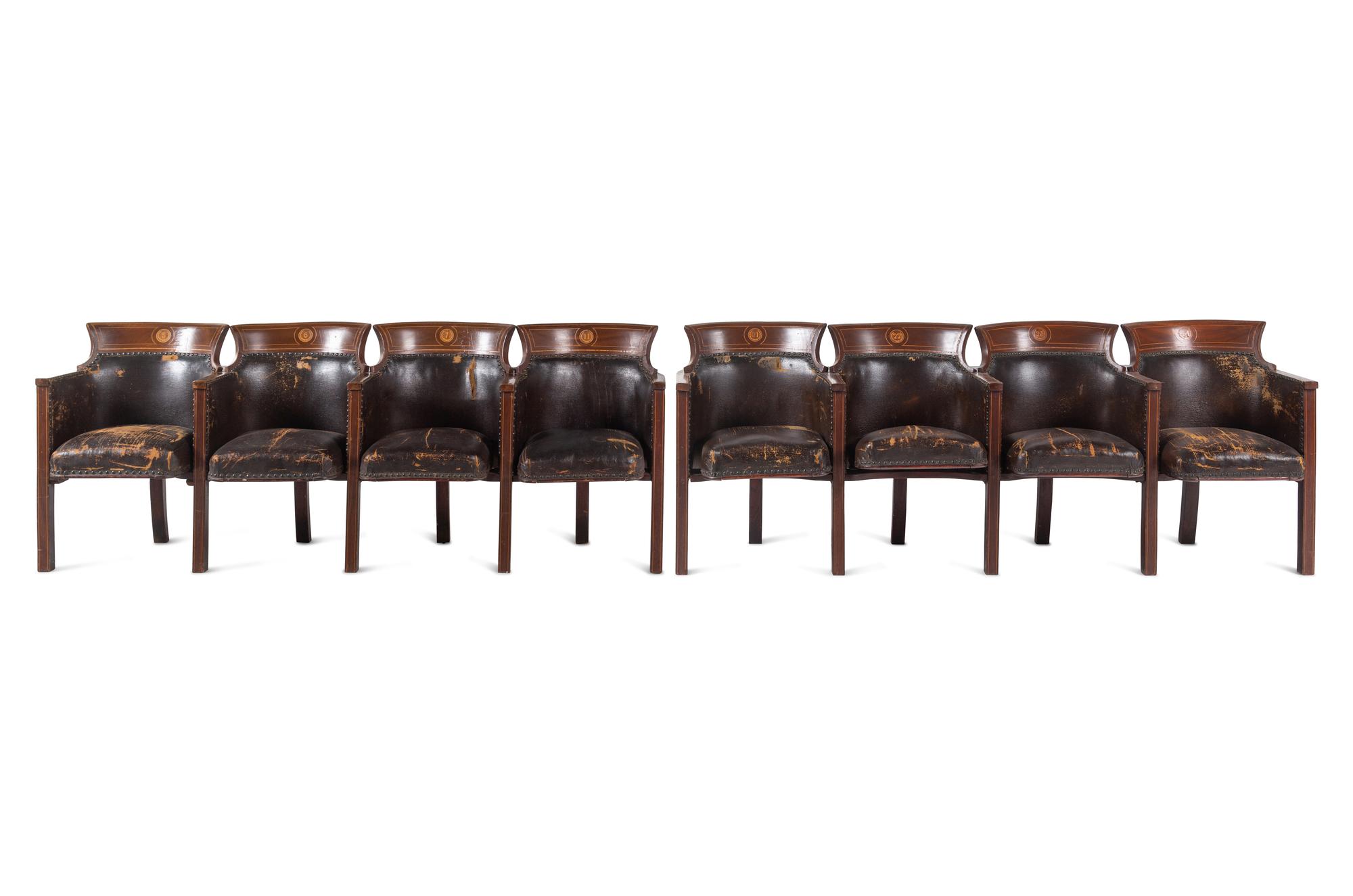 Two Sets of Four Inlaid Mahogany Theater Seats