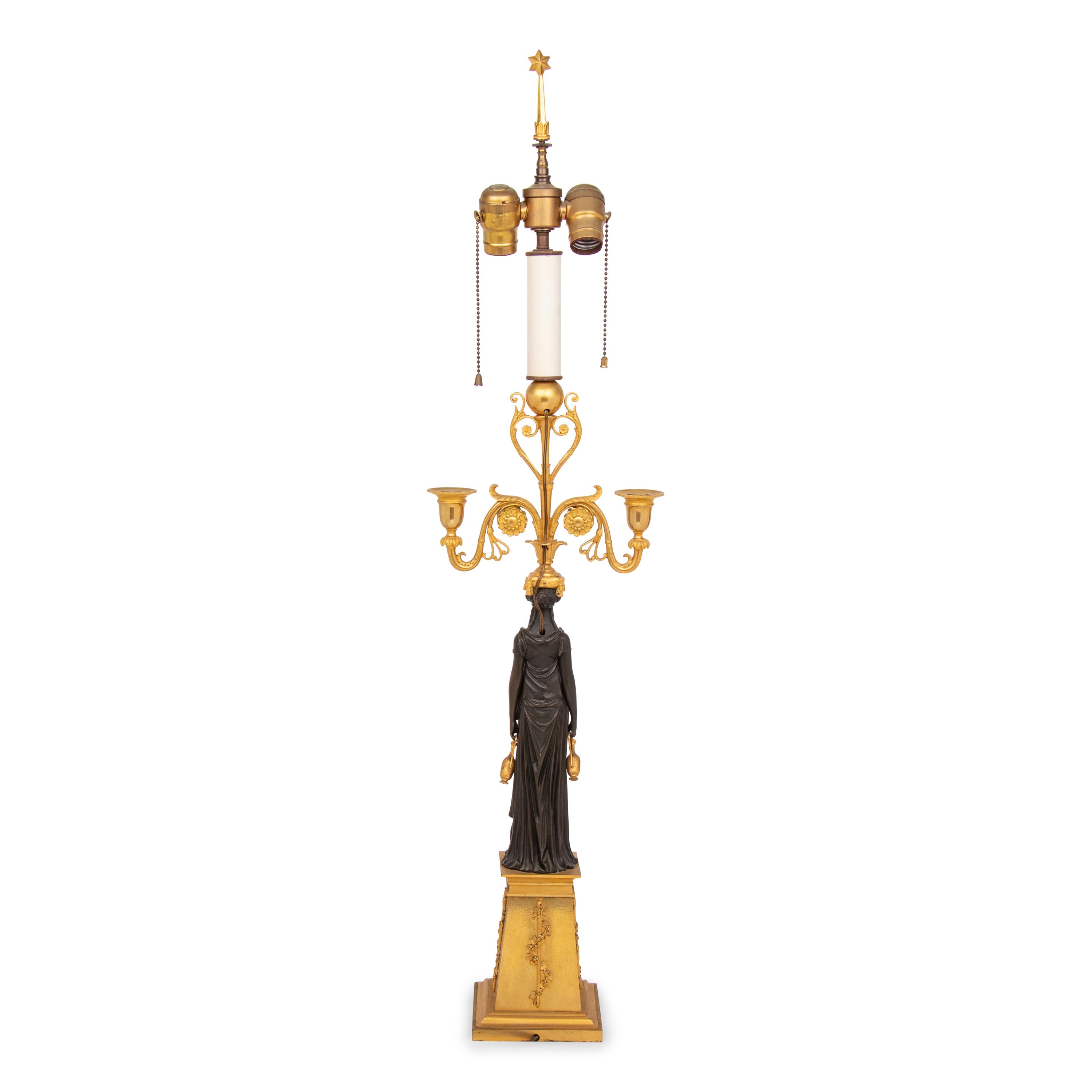An Empire Ormolu and Patinated Bronze Figural Two-Light Candelabrum Mounted as a Lamp