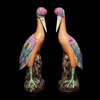 A Pair of Chinese Export Famille Rose Porcelain Cranes, Late Qing/Republic Period 晚清/民國 外銷廣彩瓷鶴一對
