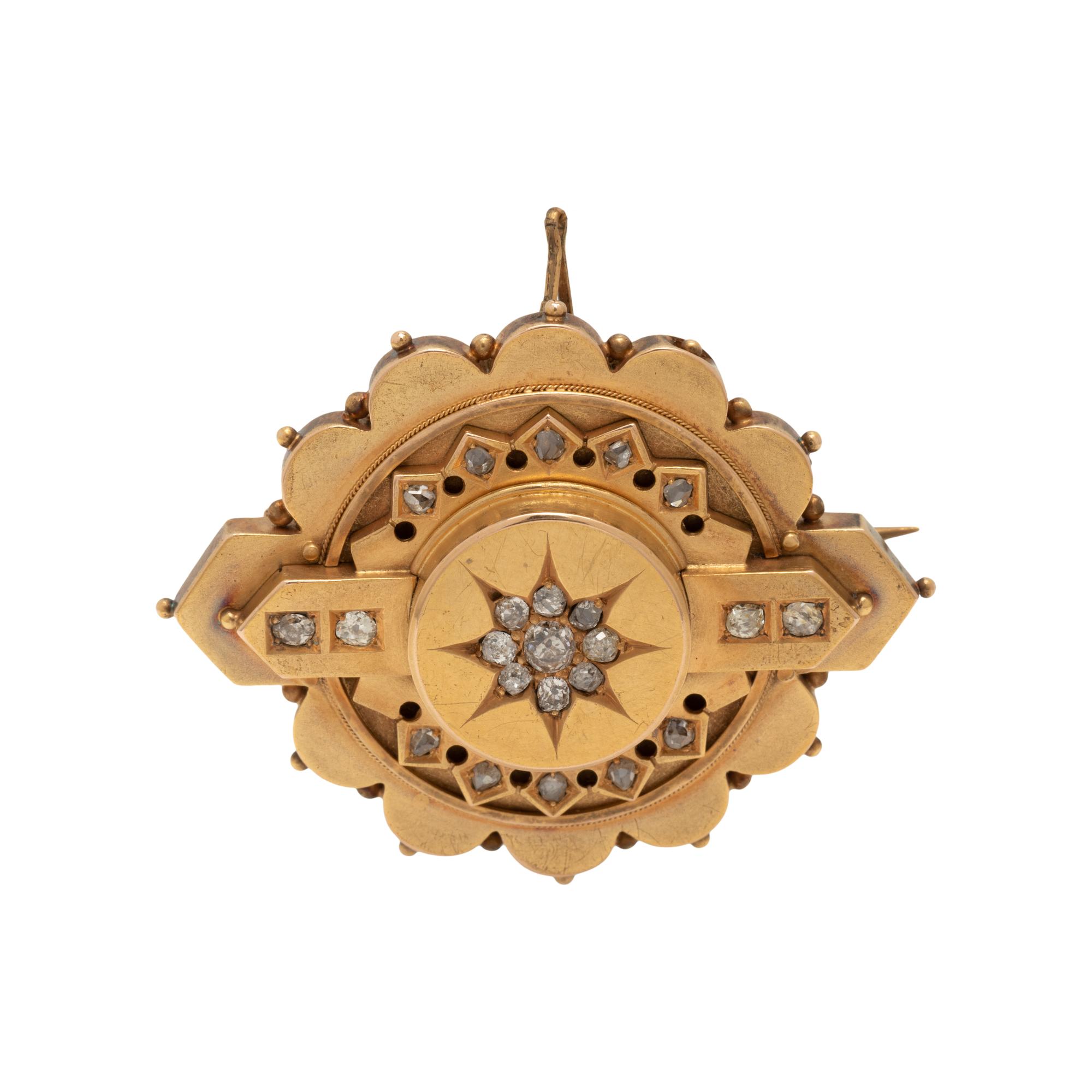 ETRUSCAN REVIVAL, YELLOW GOLD AND DIAMOND BROOCH