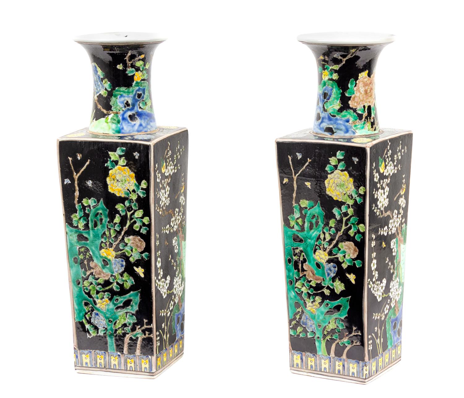 A Pair of Chinese Famille Noir Porcelain Vases Height 18 1/4 inches. — 20TH CENTURY
