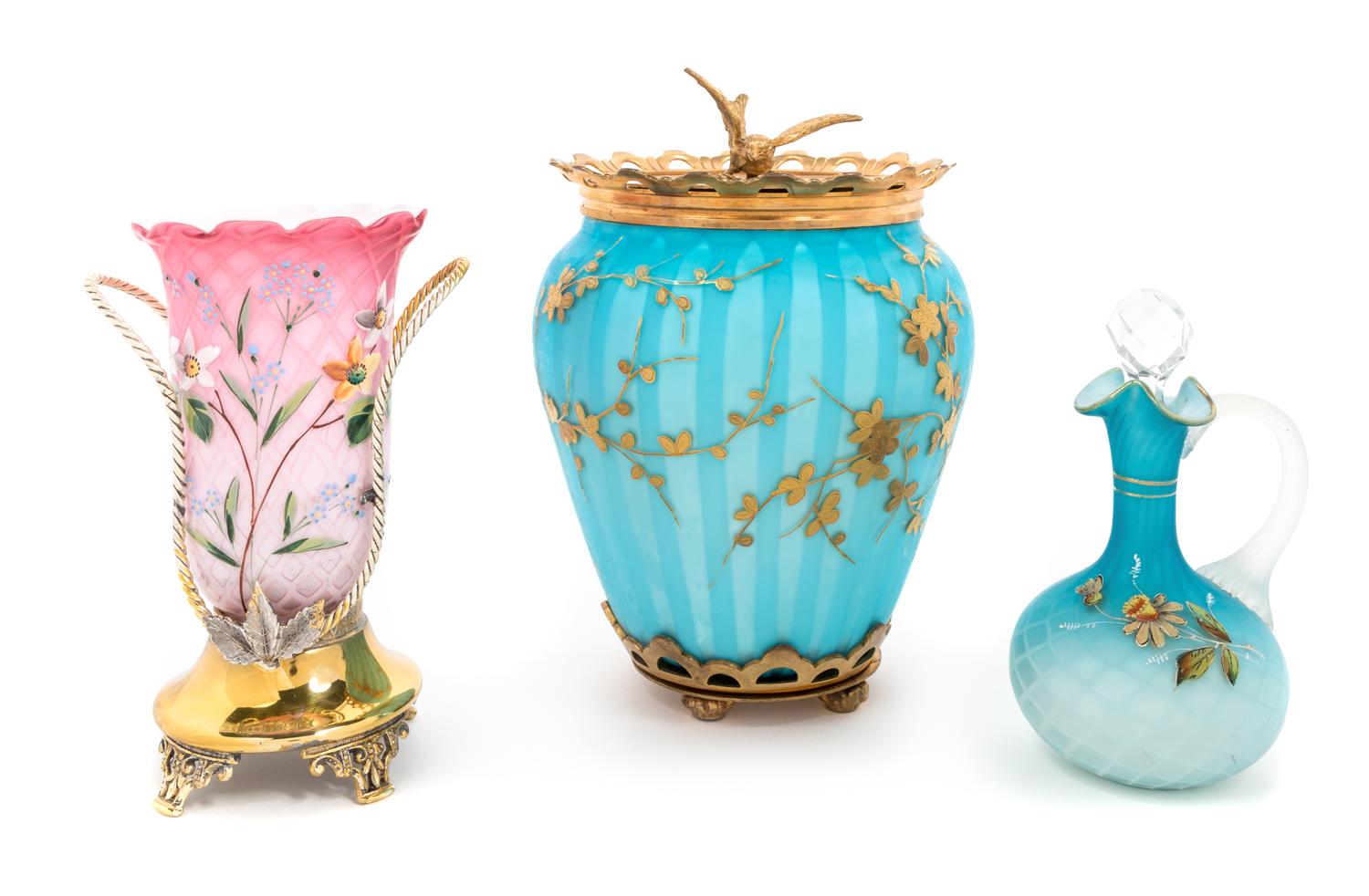 Three Victorian Mother-of-Pearl Satin Glass Articles Height of tallest 7 inches — 19TH CENTURY