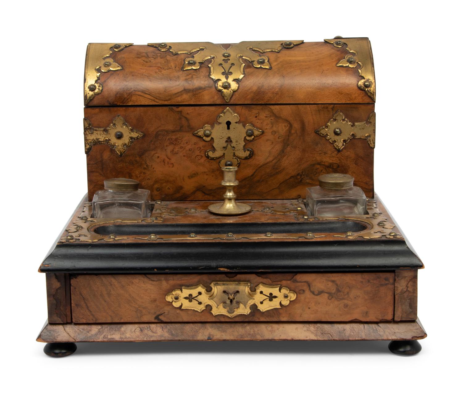 An English Brass Mounted Burlwood Writing Stand