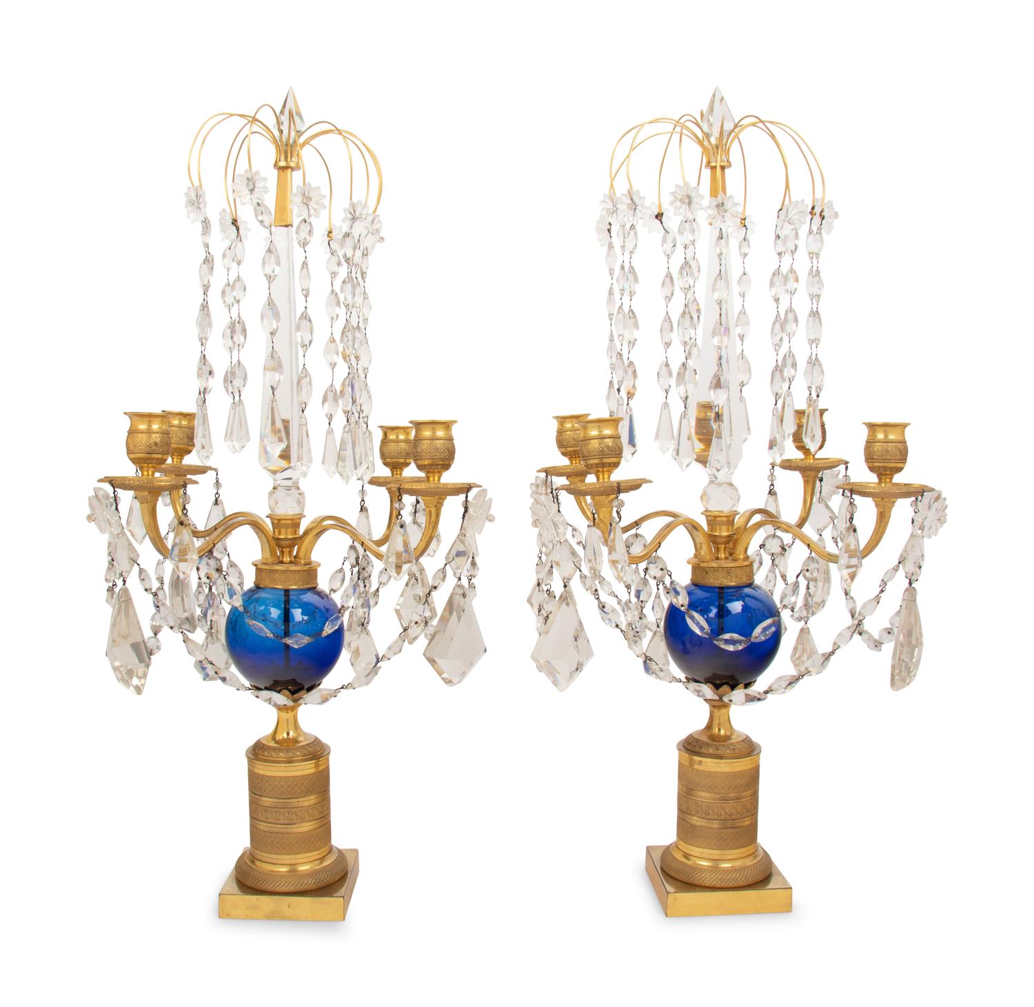 A Pair of Baltic Gilt Bronze, Cobalt and Cut Glass Four-Light Candelabra