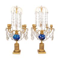 A Pair of Baltic Gilt Bronze, Cobalt and Cut Glass Four-Light Candelabra