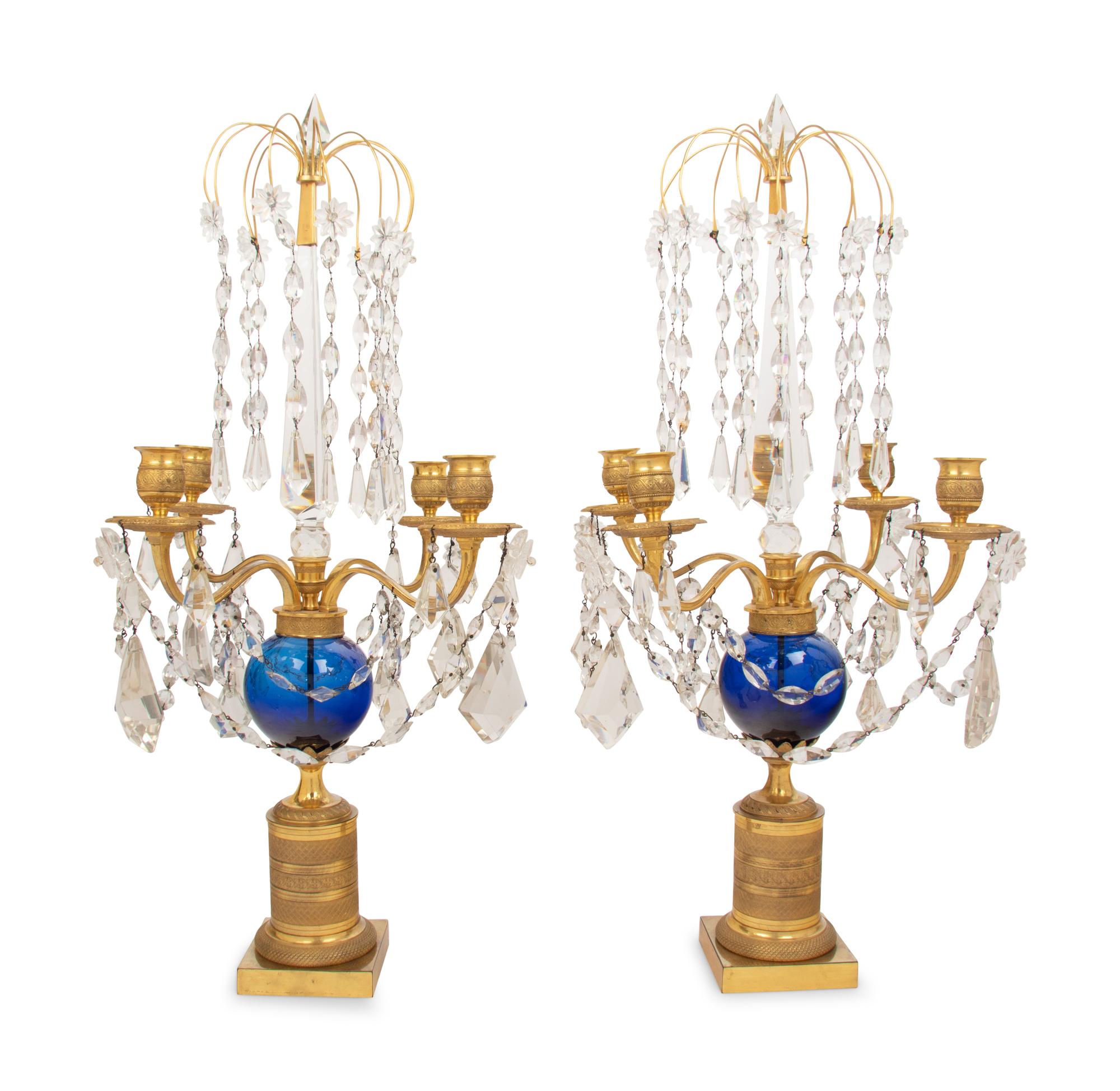 A Pair of Baltic Gilt Bronze, Cobalt and Cut Glass Four-Light Candelabra