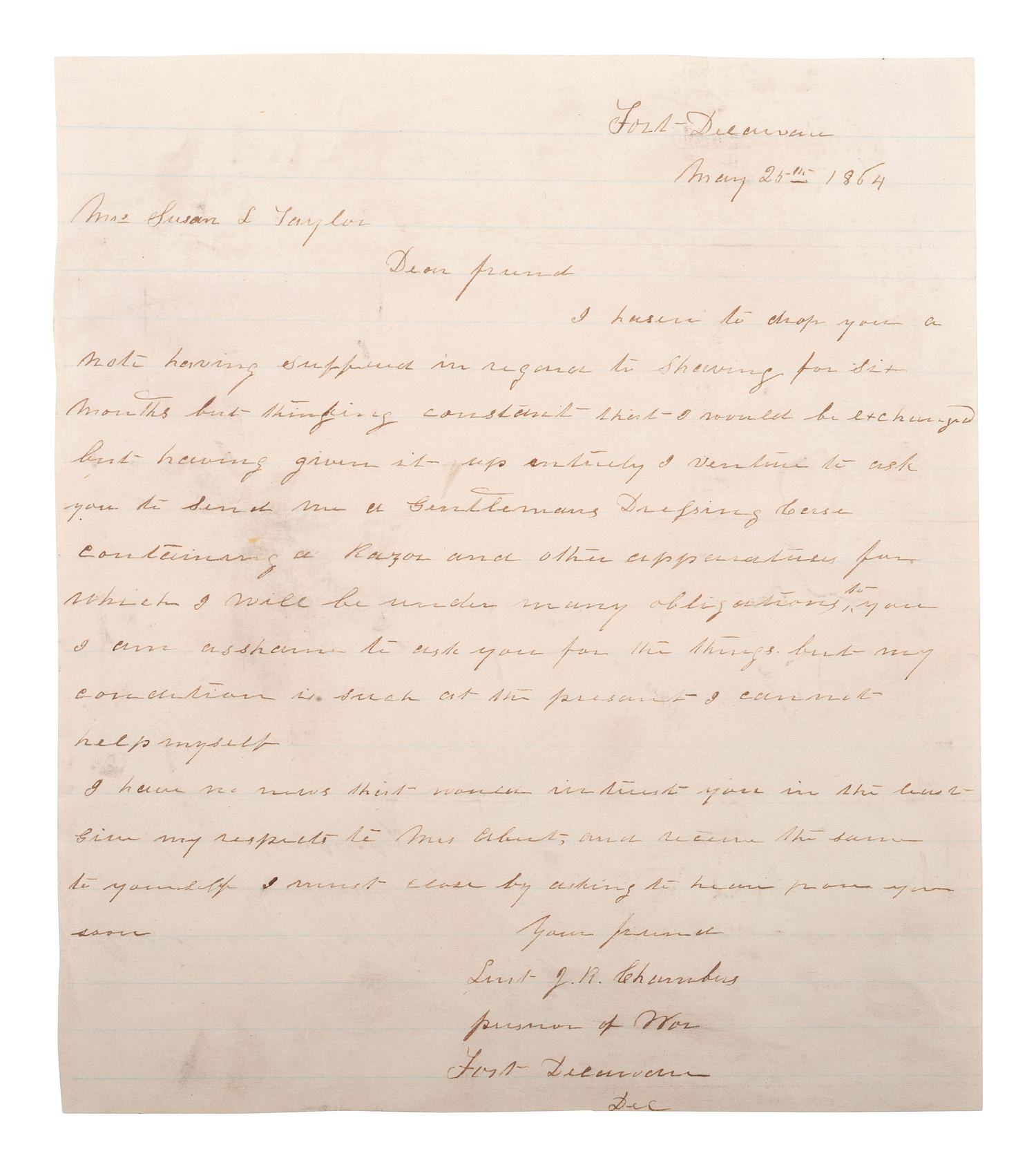 [CIVIL WAR]. POW letter from Lieutenant James R. Chambers, Co. B, 60th North Carolina Infantry.