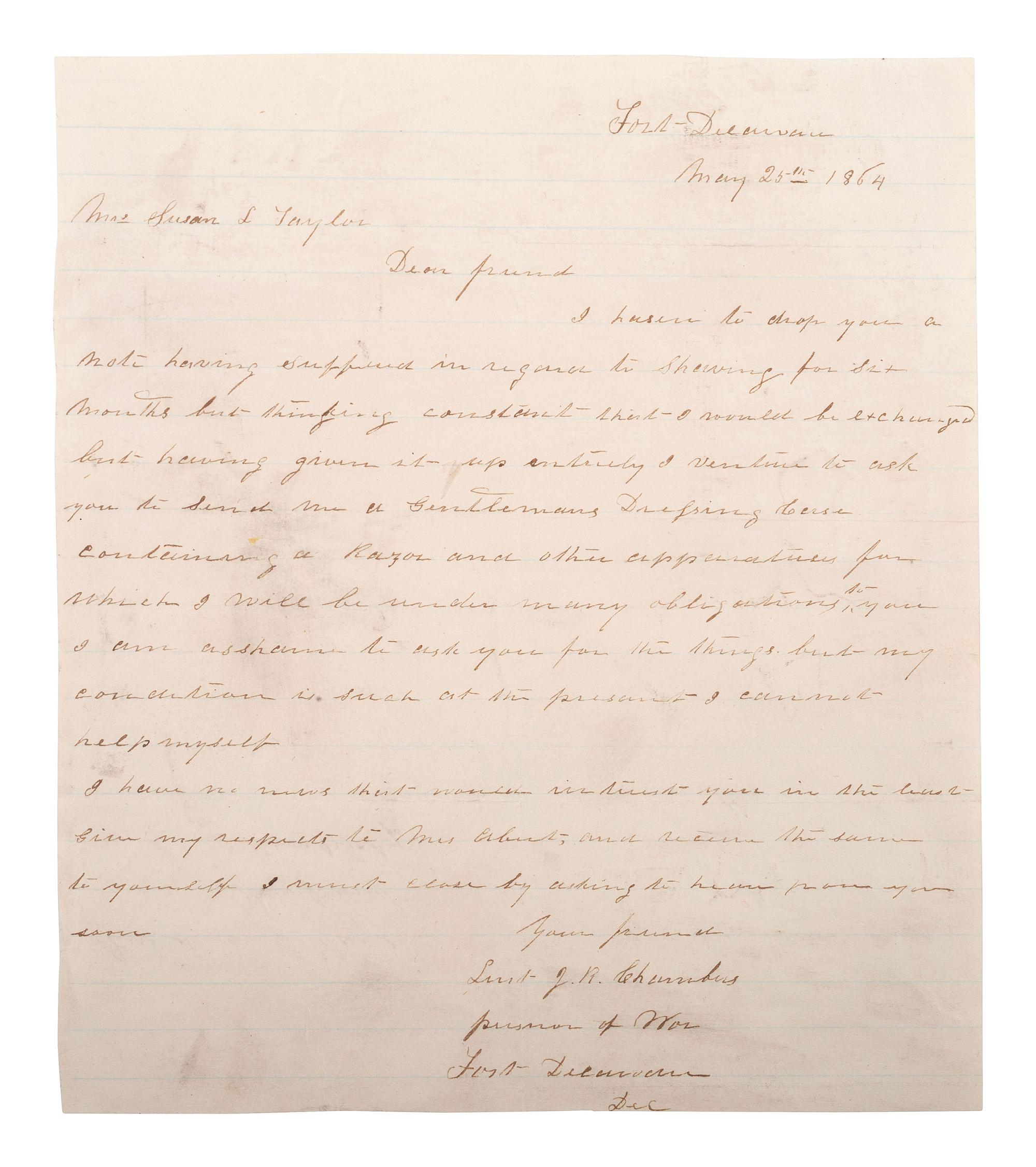[CIVIL WAR]. POW letter from Lieutenant James R. Chambers, Co. B, 60th North Carolina Infantry.