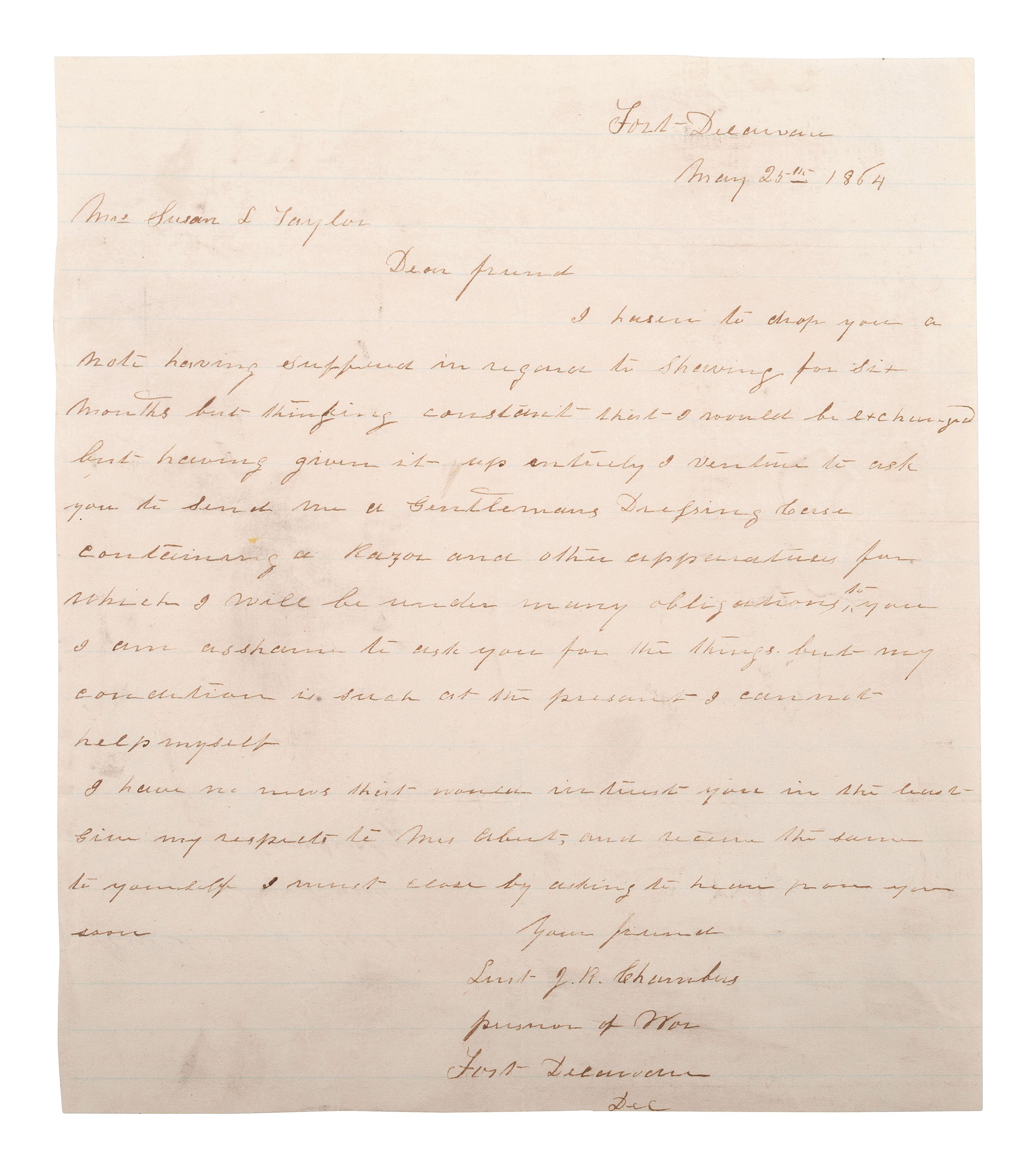 [CIVIL WAR]. POW letter from Lieutenant James R. Chambers, Co. B, 60th North Carolina Infantry.
