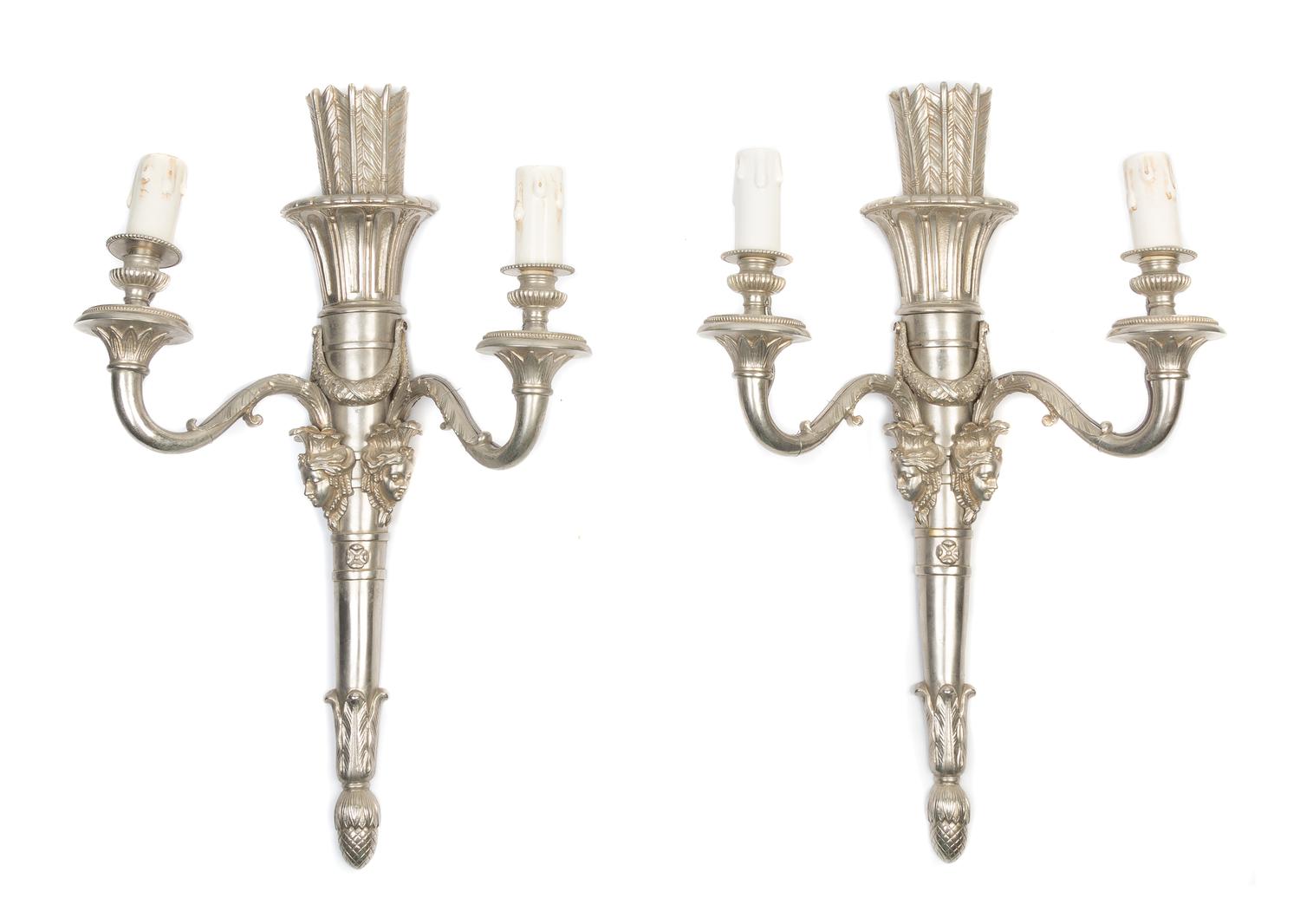 A Pair of Louis XVI Style Silvered Bronze Two-Light Sconces Height 23 inches. — 20TH CENTURY