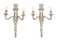 A Pair of Louis XVI Style Silvered Bronze Two-Light Sconces Height 23 inches. — 20TH CENTURY